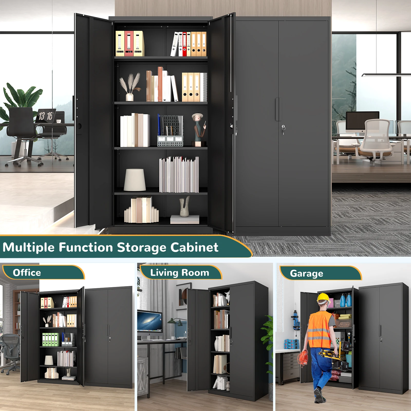 Metal Garage Storage Cabinet With 2 Doors And 4 Adjustable Shelves - 72"/70" Steel Lockable File Cabinet,Locking Tool Cabinets For Office,Home,Garage,Gym,School