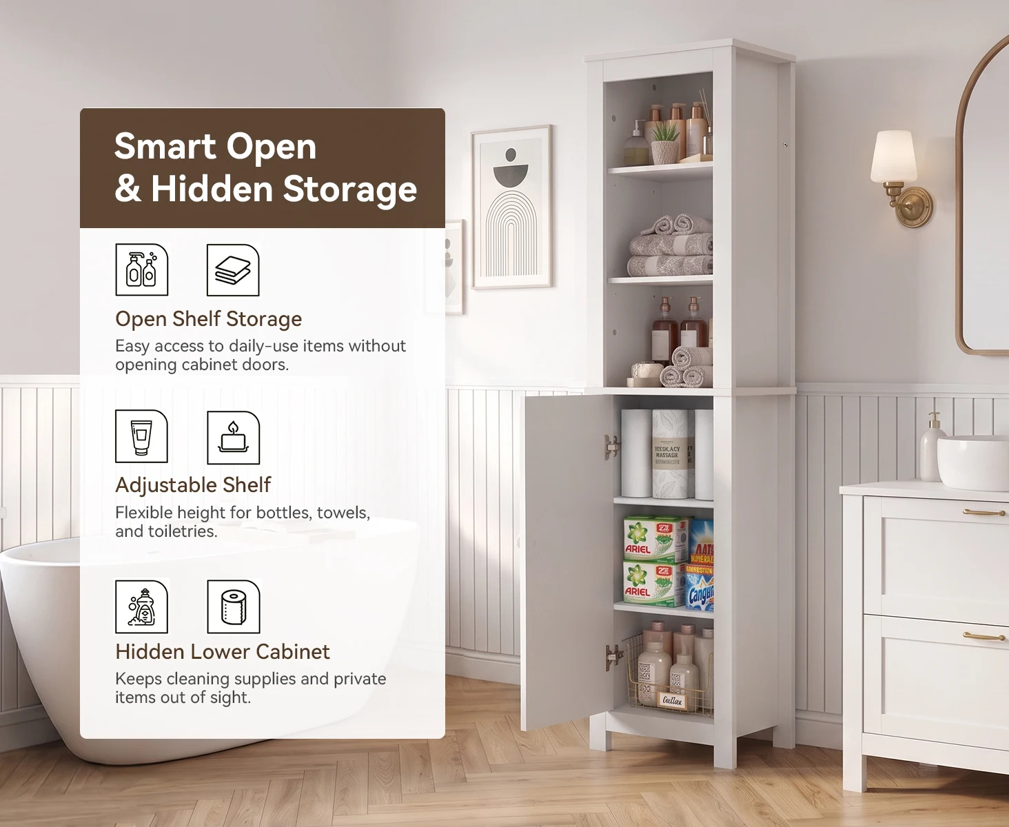 TinyNest Slim Storage Cabinets, Farmhouse Wooden Corner Floor Bathroom Cabinet With Adjustable Shelves & Doors, 66.1 inch Tall Rustic Narrow Toilet Paper Storage Holder, Closet Organizer For Small Spaces, Kitchen, Entryway, Living Room, Bedroom, Entryway