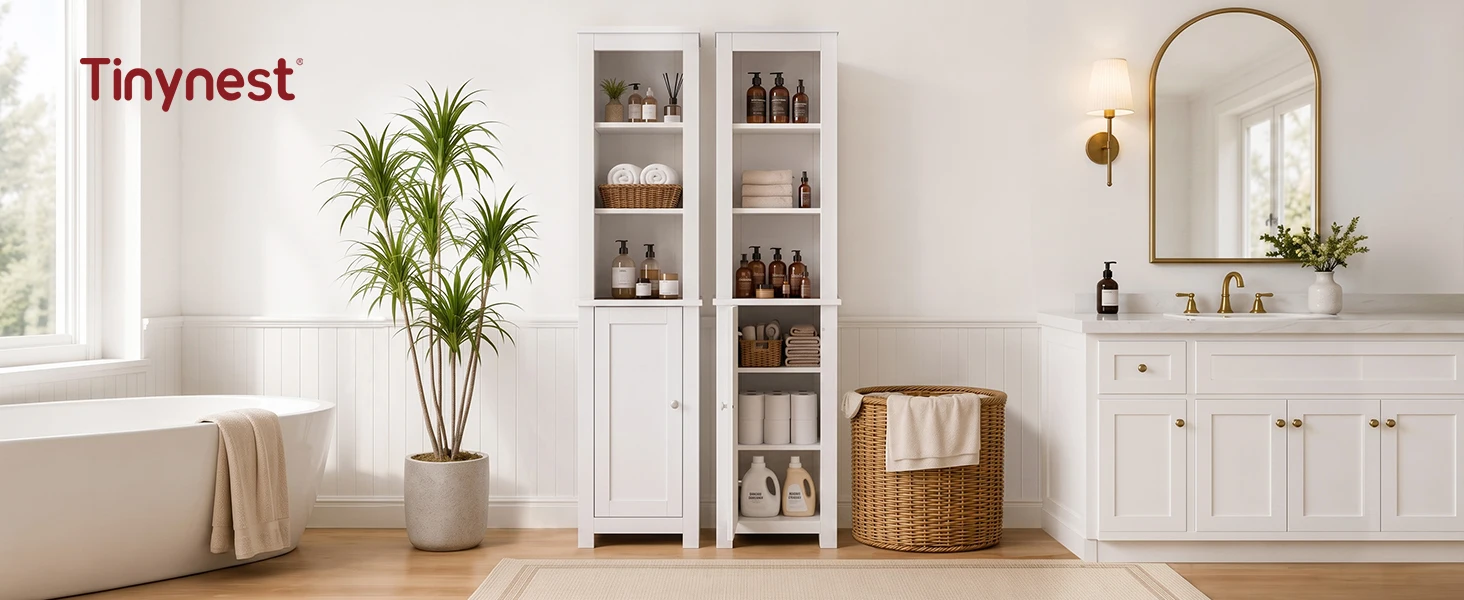 TinyNest Slim Storage Cabinets, Farmhouse Wooden Corner Floor Bathroom Cabinet With Adjustable Shelves & Doors, 66.1 inch Tall Rustic Narrow Toilet Paper Storage Holder, Closet Organizer For Small Spaces, Kitchen, Entryway, Living Room, Bedroom, Entryway