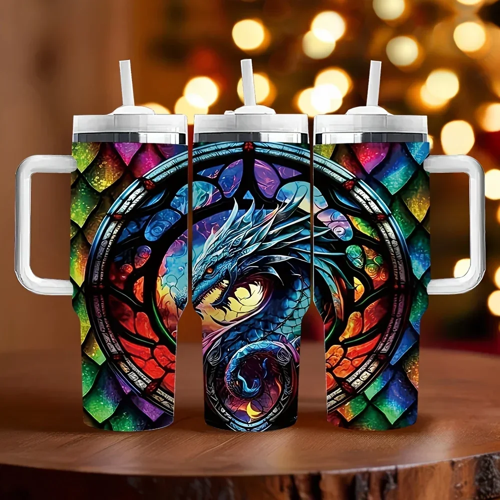 40oz Tumbler with Handle, Stained Glass Dragon Print Insulated Tumbler, Perfect Festival Birthday Gift for Dragon Enthusiasts, Long Lasting Insulation Keeps Drinks Ideal Temperature Suitable for Daily Travel And Outdoor Activities
