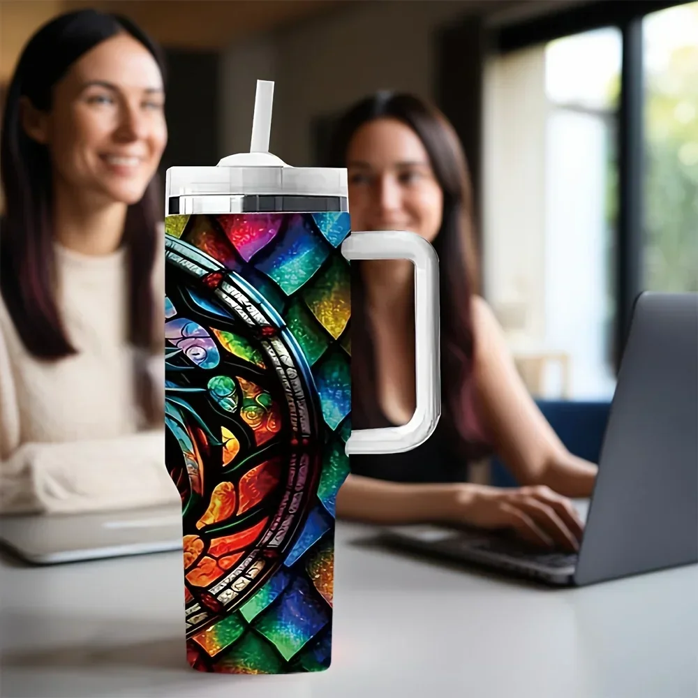 40oz Tumbler with Handle, Stained Glass Dragon Print Insulated Tumbler, Perfect Festival Birthday Gift for Dragon Enthusiasts, Long Lasting Insulation Keeps Drinks Ideal Temperature Suitable for Daily Travel And Outdoor Activities