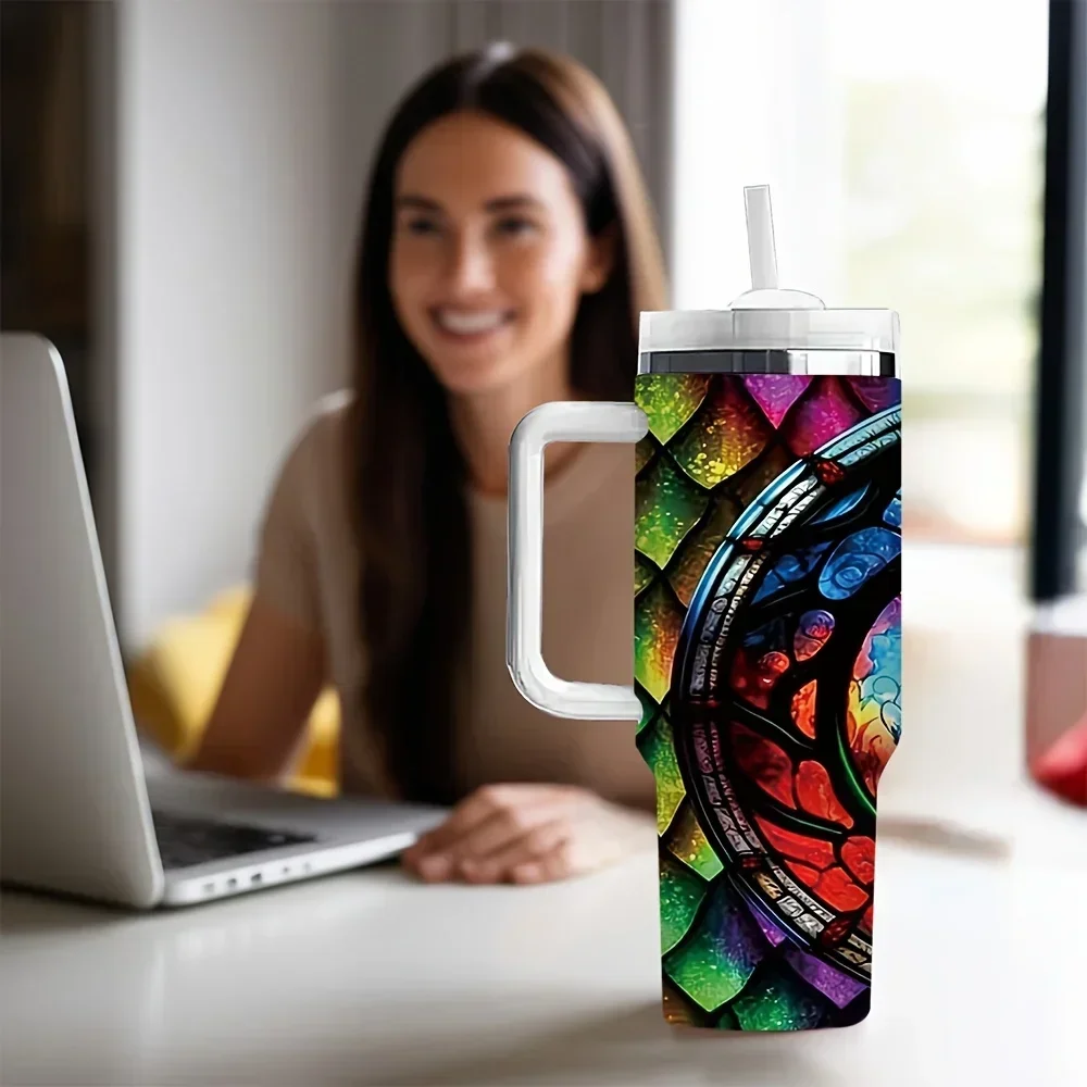 40oz Tumbler with Handle, Stained Glass Dragon Print Insulated Tumbler, Perfect Festival Birthday Gift for Dragon Enthusiasts, Long Lasting Insulation Keeps Drinks Ideal Temperature Suitable for Daily Travel And Outdoor Activities