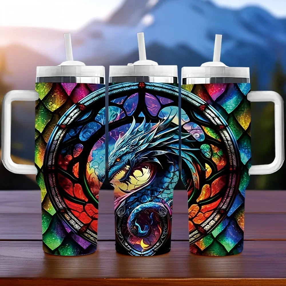 40oz Tumbler with Handle, Stained Glass Dragon Print Insulated Tumbler, Perfect Festival Birthday Gift for Dragon Enthusiasts, Long Lasting Insulation Keeps Drinks Ideal Temperature Suitable for Daily Travel And Outdoor Activities