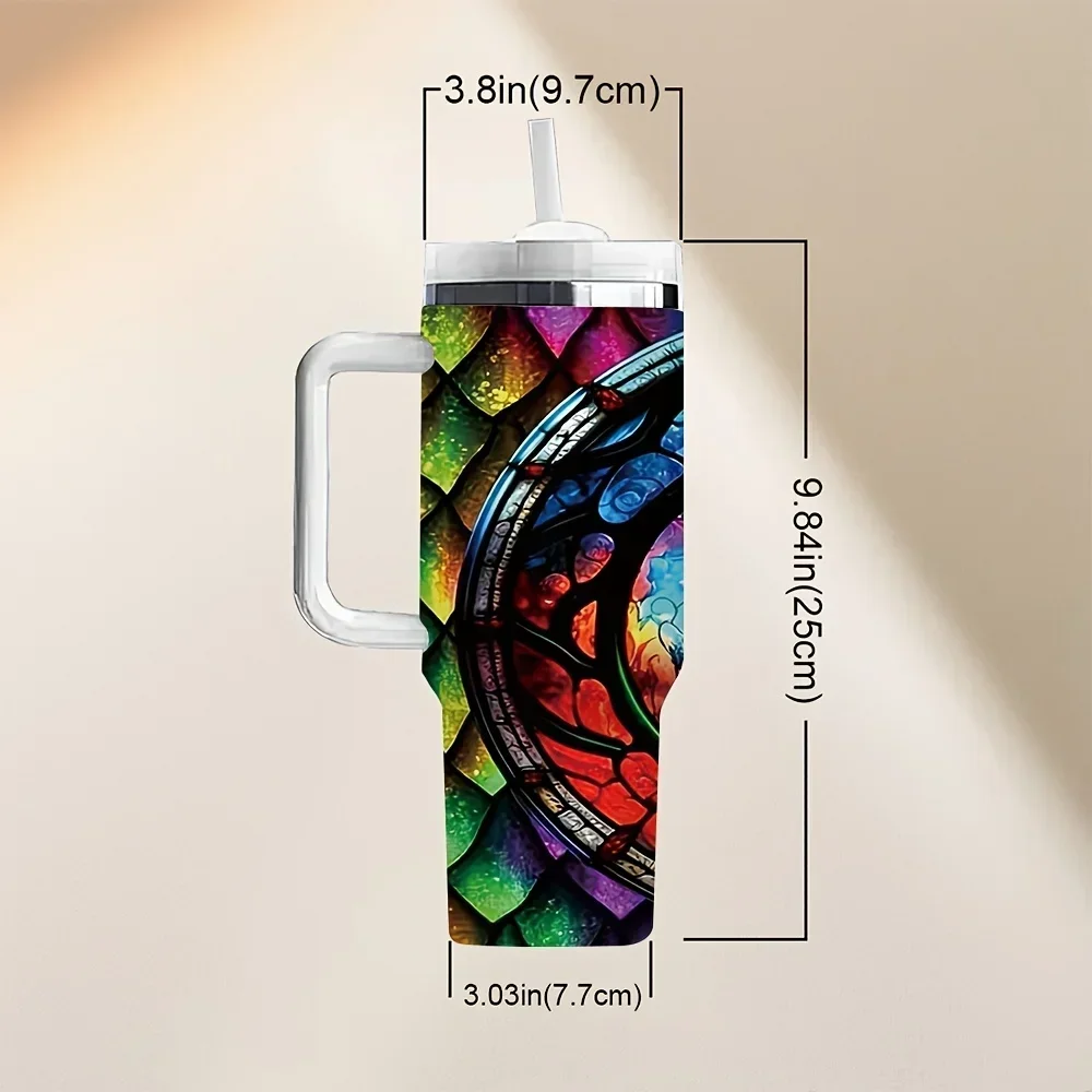 40oz Tumbler with Handle, Stained Glass Dragon Print Insulated Tumbler, Perfect Festival Birthday Gift for Dragon Enthusiasts, Long Lasting Insulation Keeps Drinks Ideal Temperature Suitable for Daily Travel And Outdoor Activities