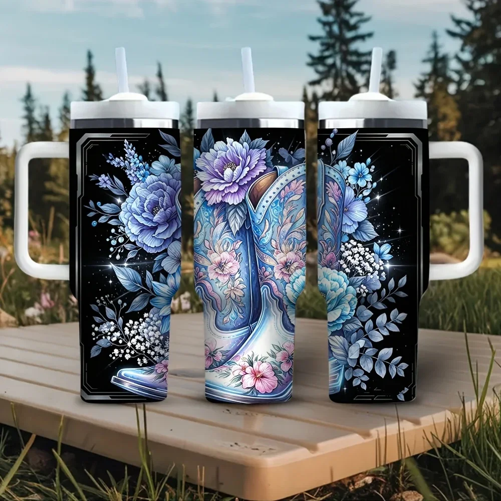 40Oz Tumbler with Handle, Gorgeous Blue Floral Cowboy Boot Print, Suitable for Western Style Lovers And Women, Perfect for Daily Use, Outdoor Travel Camping And Hiking, Holds Both Hot And Cold Drinks