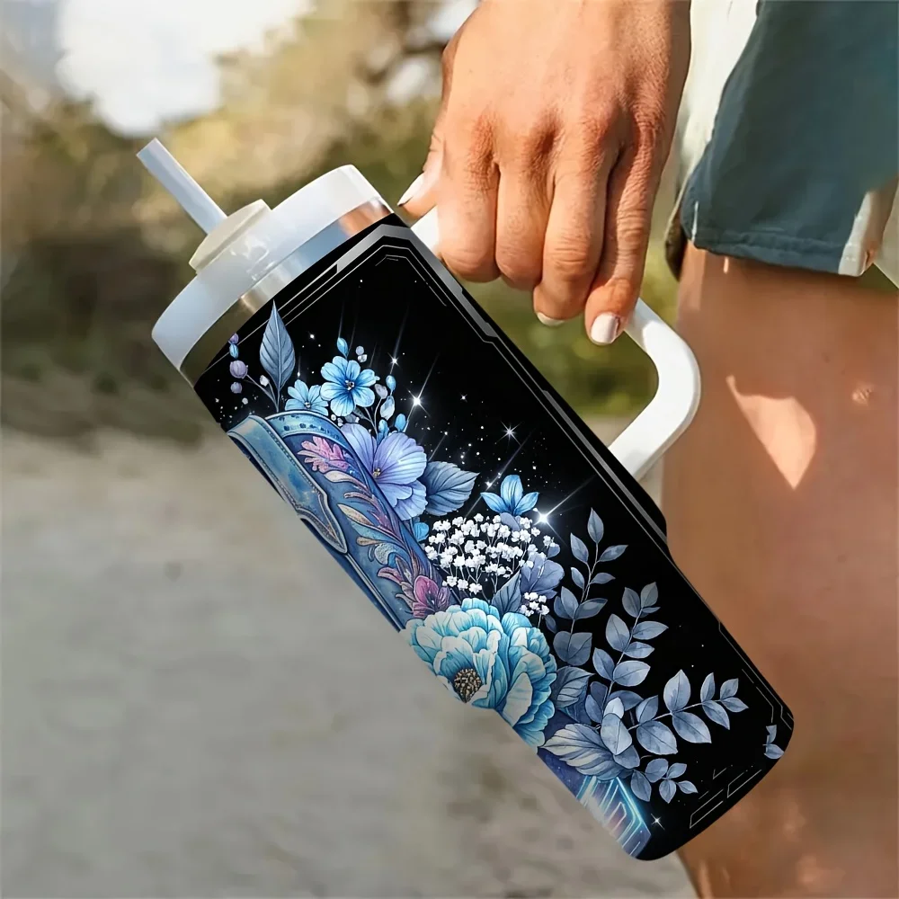 40Oz Tumbler with Handle, Gorgeous Blue Floral Cowboy Boot Print, Suitable for Western Style Lovers And Women, Perfect for Daily Use, Outdoor Travel Camping And Hiking, Holds Both Hot And Cold Drinks
