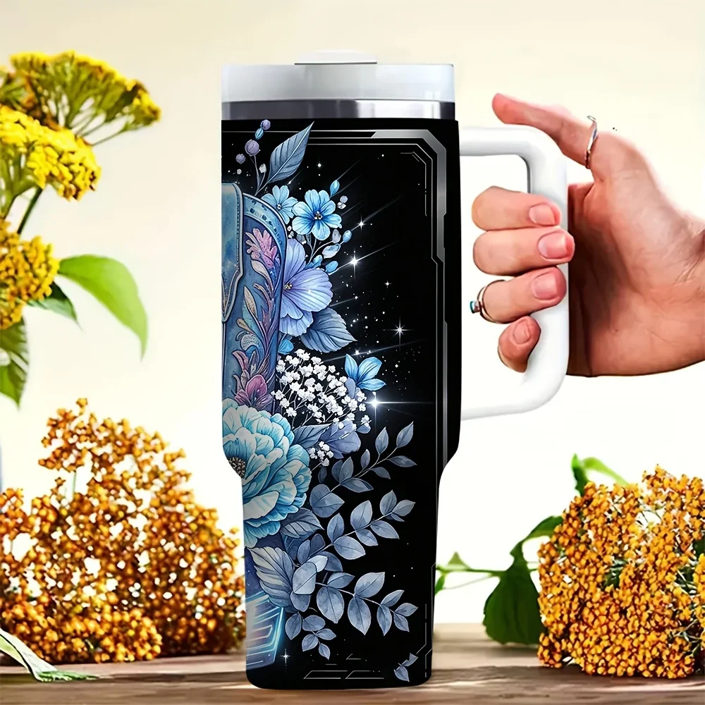 40Oz Tumbler with Handle, Gorgeous Blue Floral Cowboy Boot Print, Suitable for Western Style Lovers And Women, Perfect for Daily Use, Outdoor Travel Camping And Hiking, Holds Both Hot And Cold Drinks