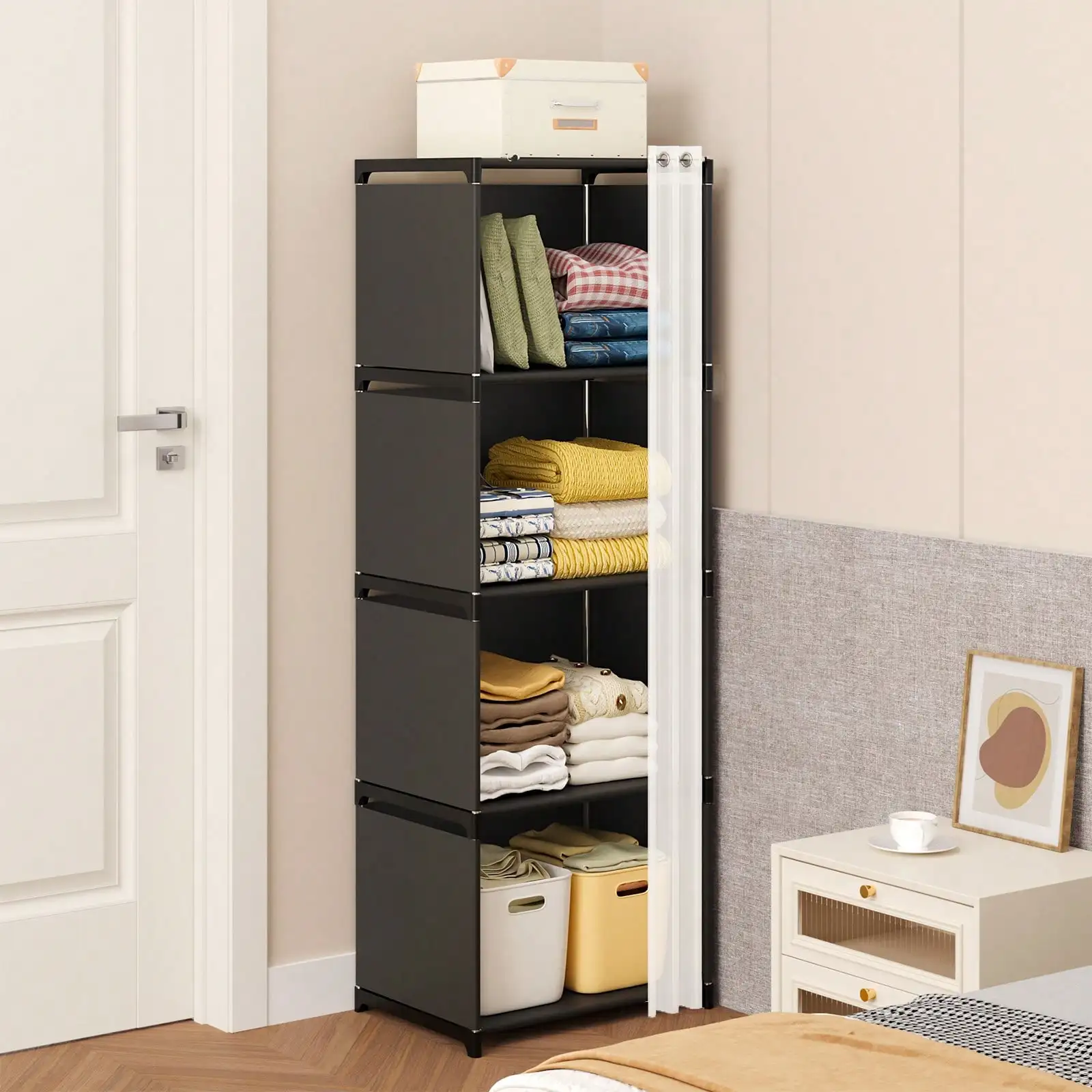 4 Tier Portable Closet Organizer Modern Black Fabric Narrow Wardrobe Armoire Free Standing Storage Shelf Cabinet Stand With White Sheer Dustproof Curtain Tall Space Saving For Bedroom Living Room Entryway Housewarming Gift