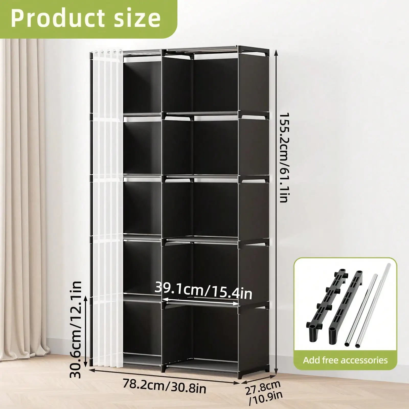 4 Tier Portable Closet Organizer Modern Black Fabric Narrow Wardrobe Armoire Free Standing Storage Shelf Cabinet Stand With White Sheer Dustproof Curtain Tall Space Saving For Bedroom Living Room Entryway Housewarming Gift