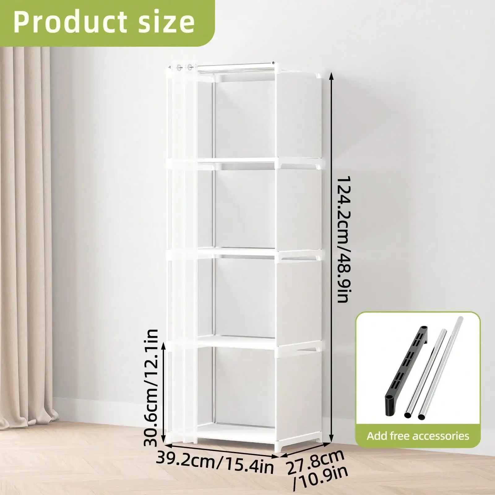 4 Tier Portable Closet Organizer Modern Black Fabric Narrow Wardrobe Armoire Free Standing Storage Shelf Cabinet Stand With White Sheer Dustproof Curtain Tall Space Saving For Bedroom Living Room Entryway Housewarming Gift