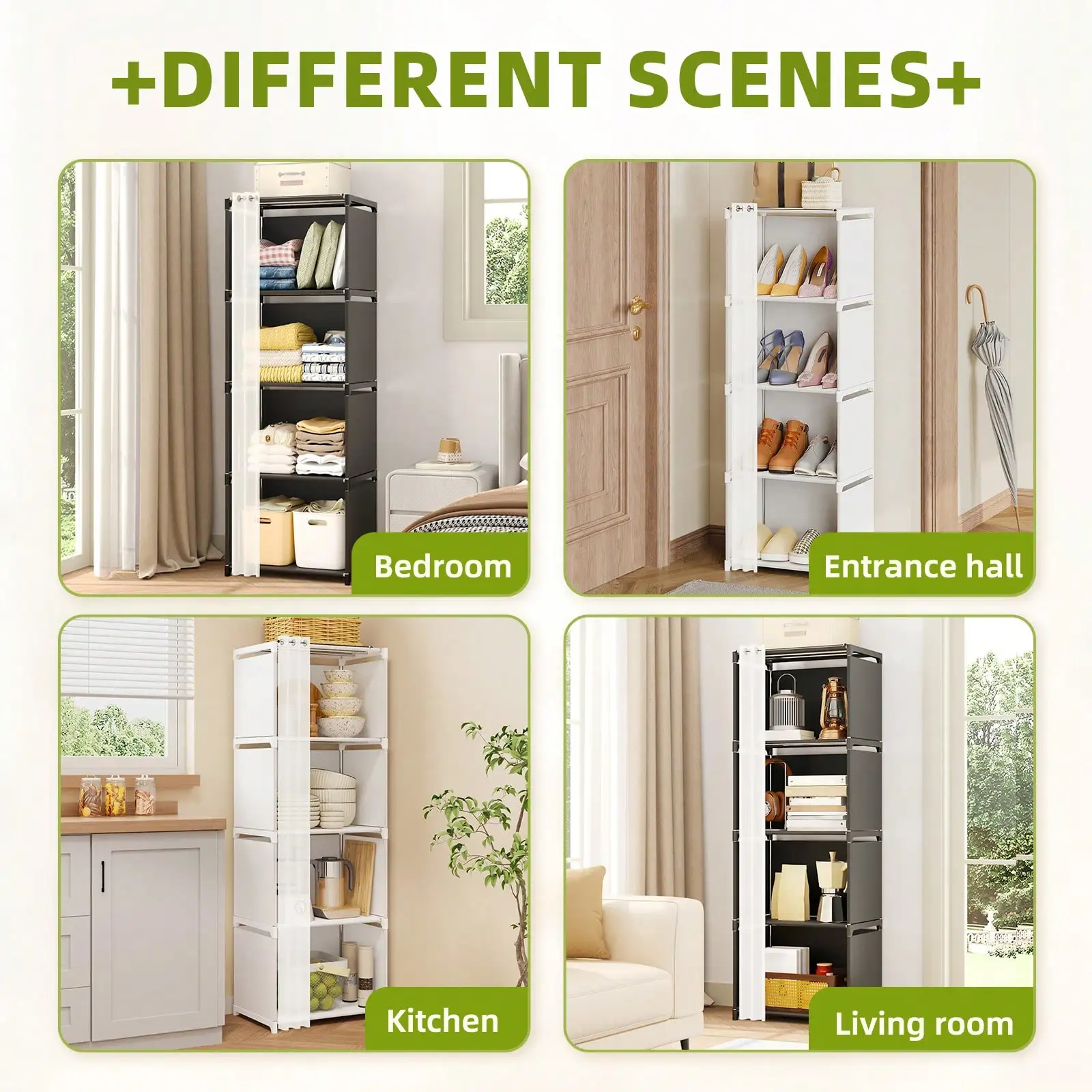 4 Tier Portable Closet Organizer Modern Black Fabric Narrow Wardrobe Armoire Free Standing Storage Shelf Cabinet Stand With White Sheer Dustproof Curtain Tall Space Saving For Bedroom Living Room Entryway Housewarming Gift
