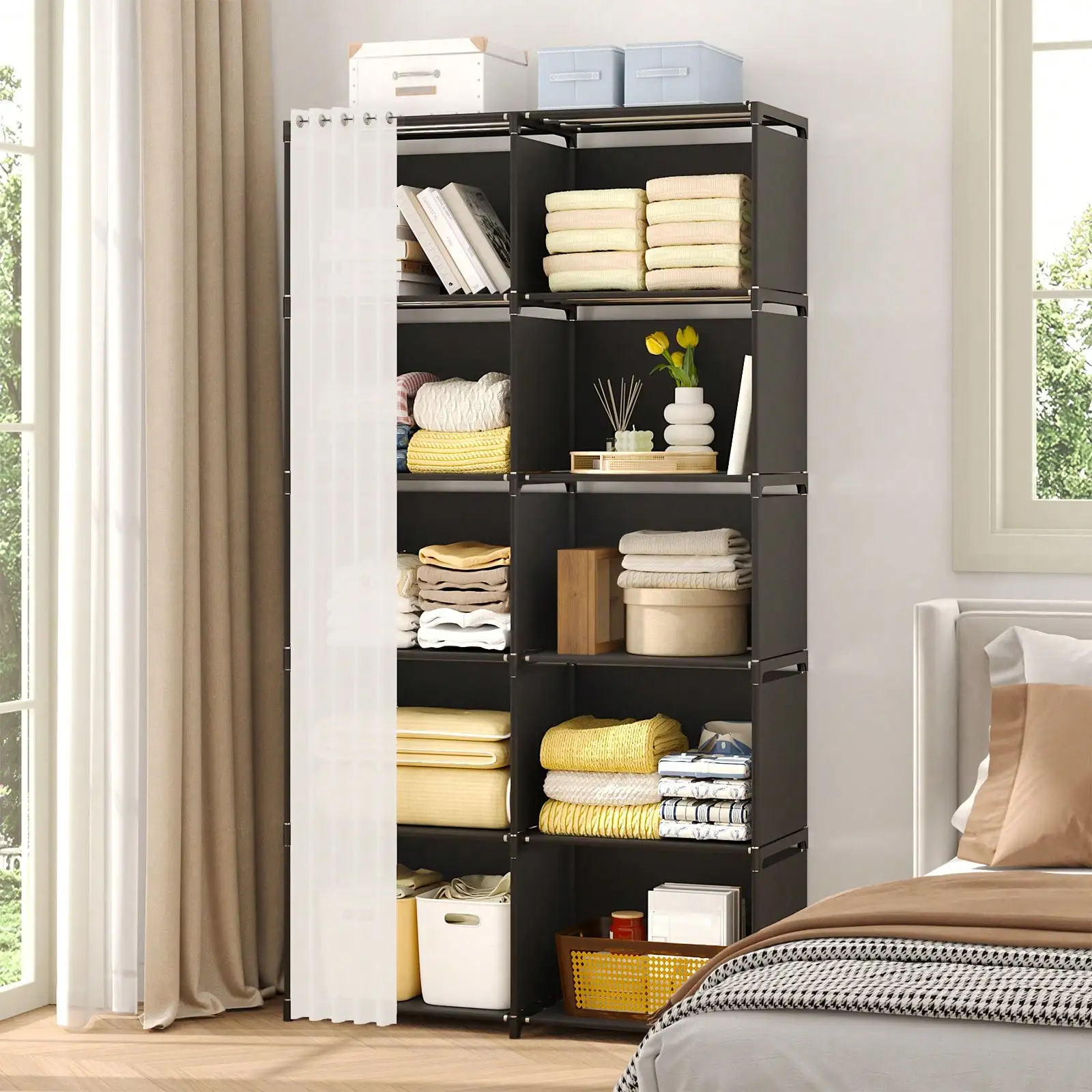 4 Tier Portable Closet Organizer Modern Black Fabric Narrow Wardrobe Armoire Free Standing Storage Shelf Cabinet Stand With White Sheer Dustproof Curtain Tall Space Saving For Bedroom Living Room Entryway Housewarming Gift