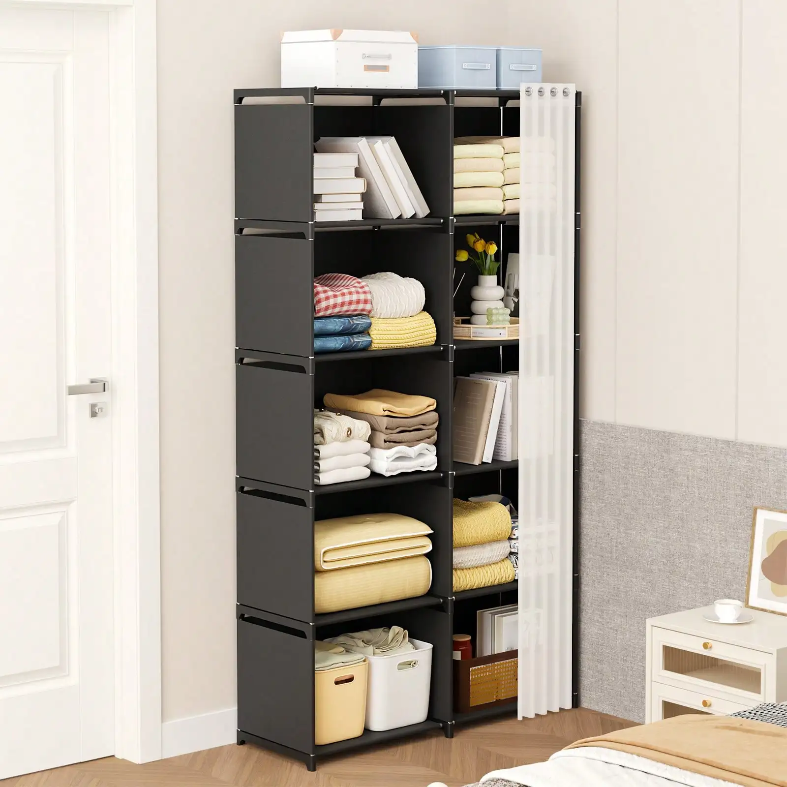 4 Tier Portable Closet Organizer Modern Black Fabric Narrow Wardrobe Armoire Free Standing Storage Shelf Cabinet Stand With White Sheer Dustproof Curtain Tall Space Saving For Bedroom Living Room Entryway Housewarming Gift