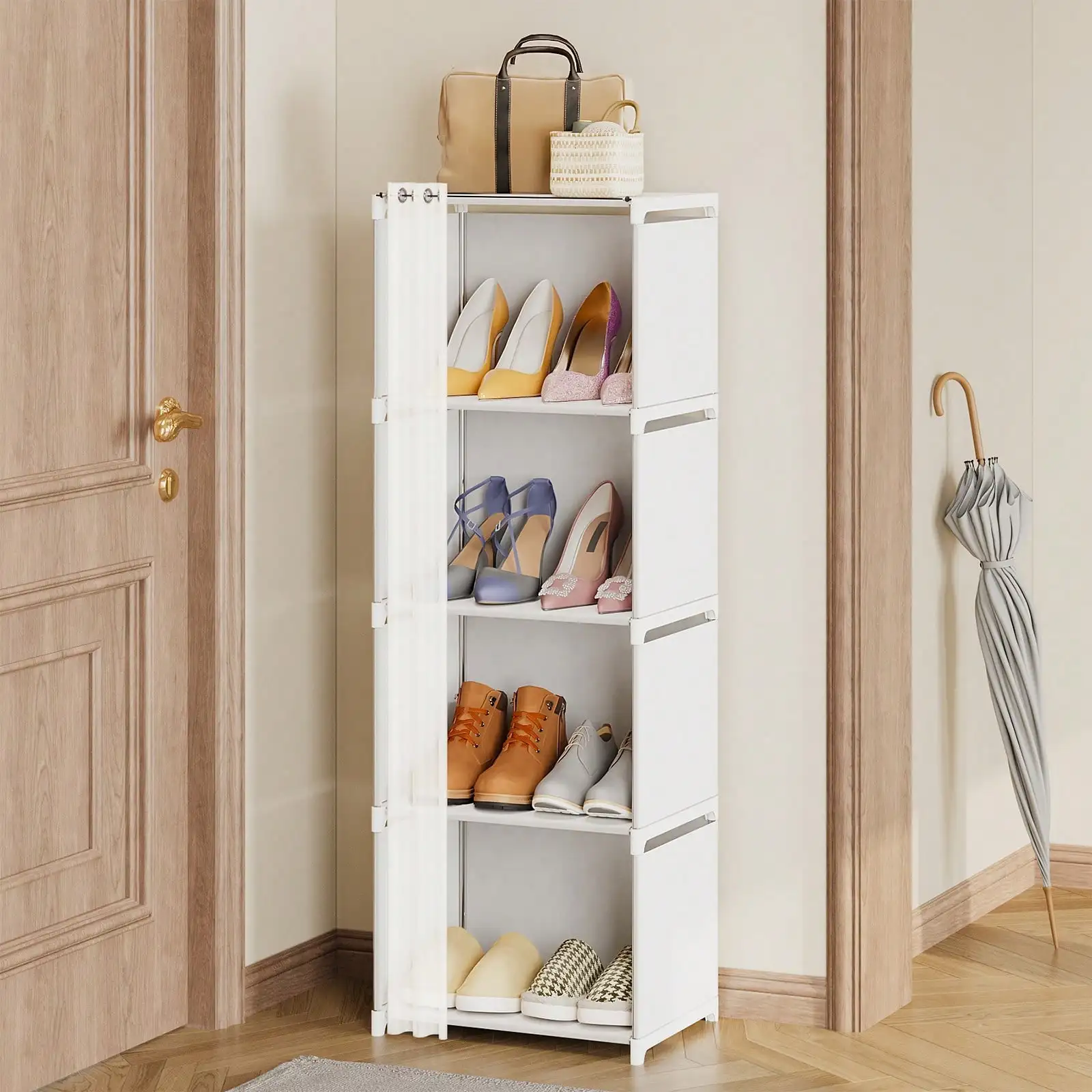 4 Tier Portable Closet Organizer Modern Black Fabric Narrow Wardrobe Armoire Free Standing Storage Shelf Cabinet Stand With White Sheer Dustproof Curtain Tall Space Saving For Bedroom Living Room Entryway Housewarming Gift