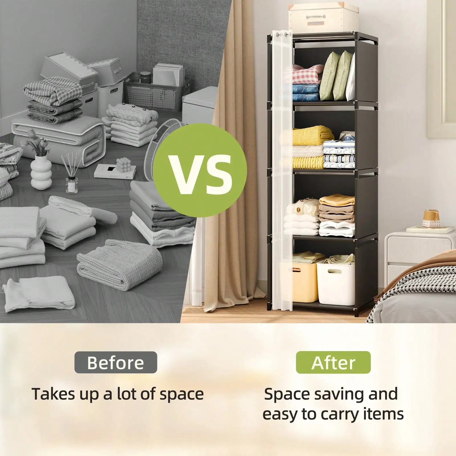 4 Tier Portable Closet Organizer Modern Black Fabric Narrow Wardrobe Armoire Free Standing Storage Shelf Cabinet Stand With White Sheer Dustproof Curtain Tall Space Saving For Bedroom Living Room Entryway Housewarming Gift