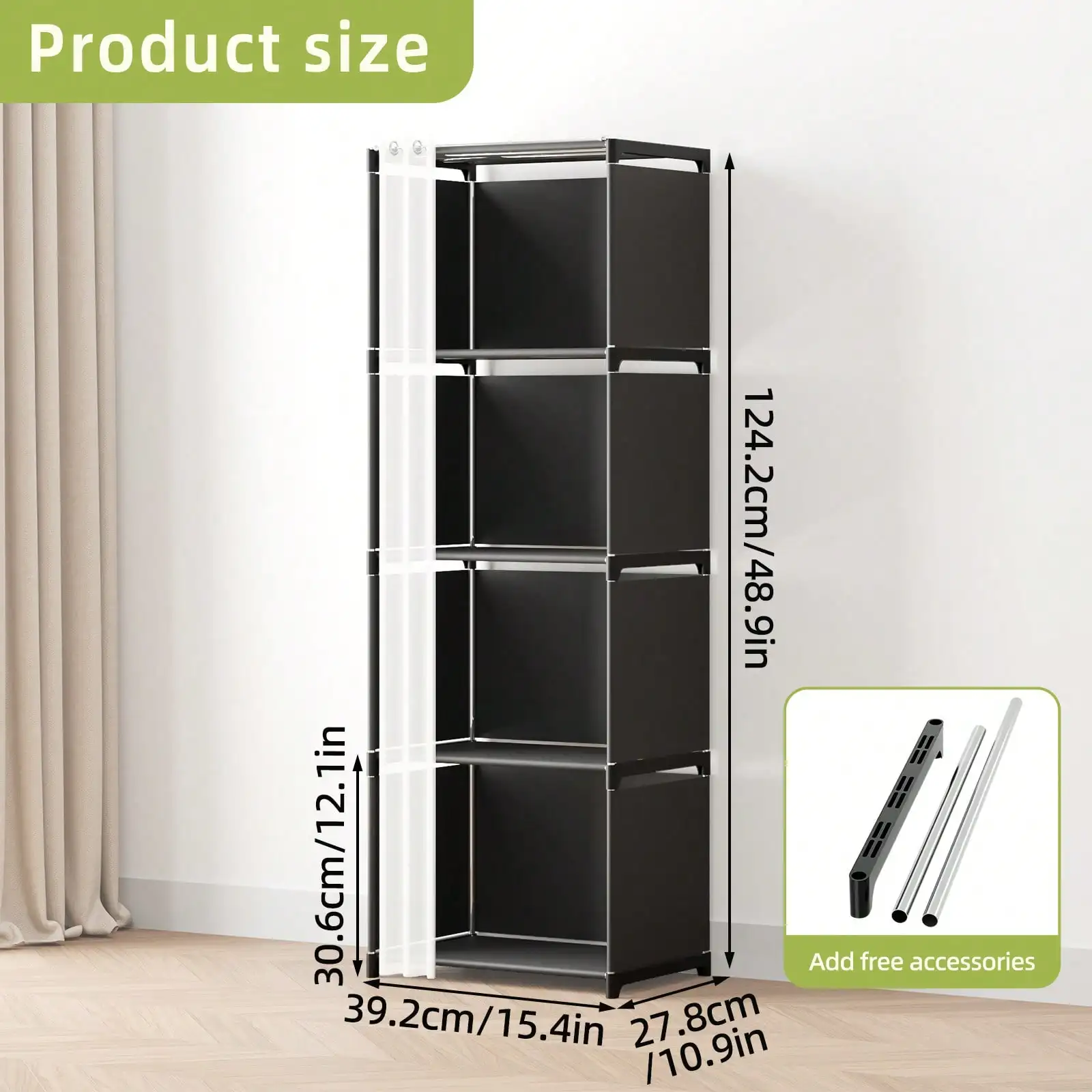 4 Tier Portable Closet Organizer Modern Black Fabric Narrow Wardrobe Armoire Free Standing Storage Shelf Cabinet Stand With White Sheer Dustproof Curtain Tall Space Saving For Bedroom Living Room Entryway Housewarming Gift