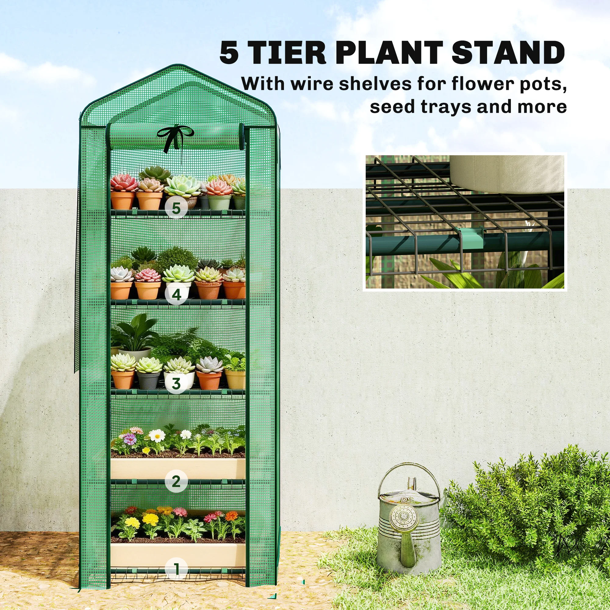 5 Tiers Mini Greenhouse w/ Screen Roof, Reinforced PE Cover, Green