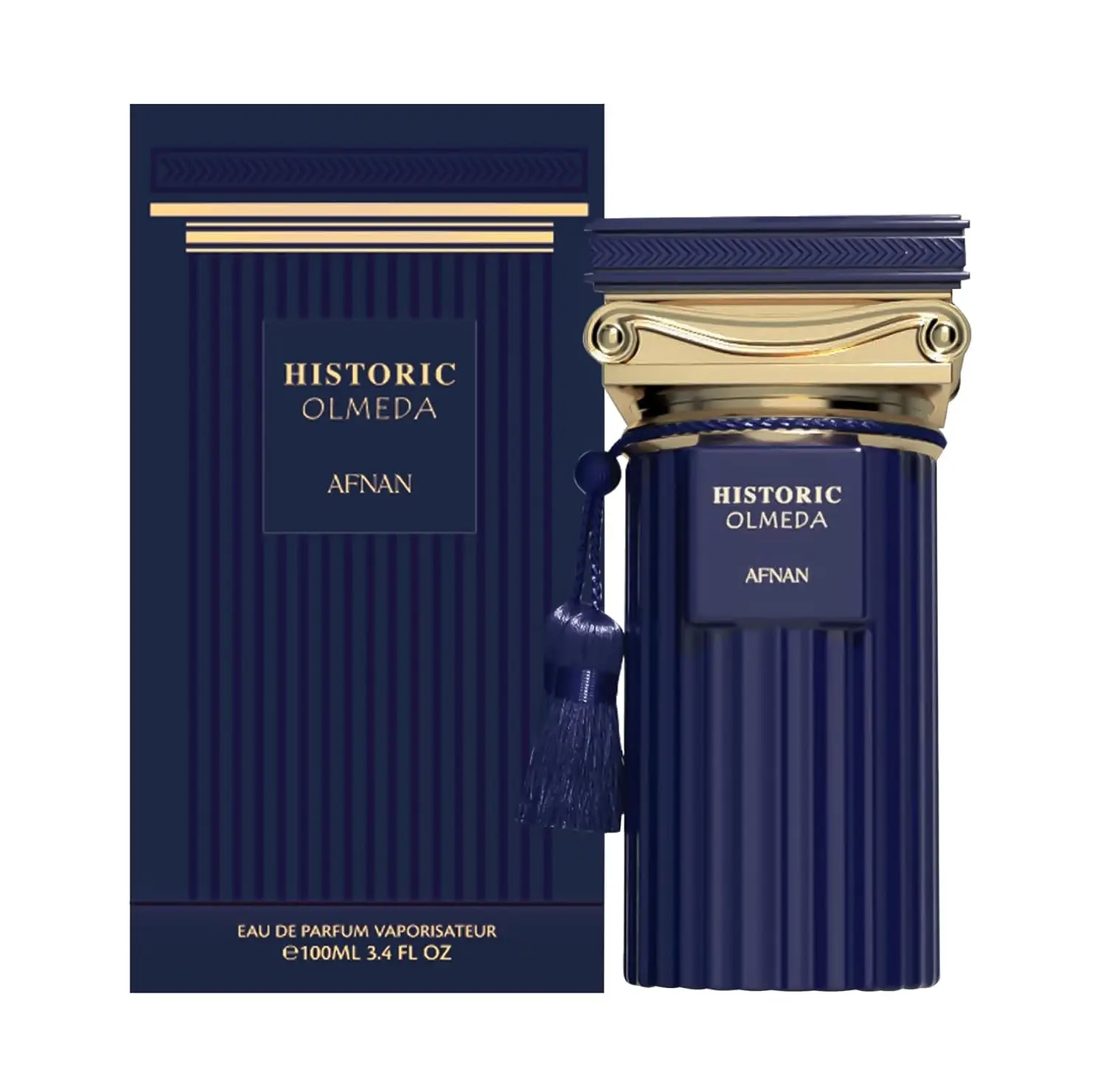 Afnan Historic Olmeda Unisex Eau De Parfum 100ml 3.4oz Aromatic Spicy Woody Cologne Roman Column Dark Blue Bottle Long Lasting Arabian Fragrance Gift for Men Women