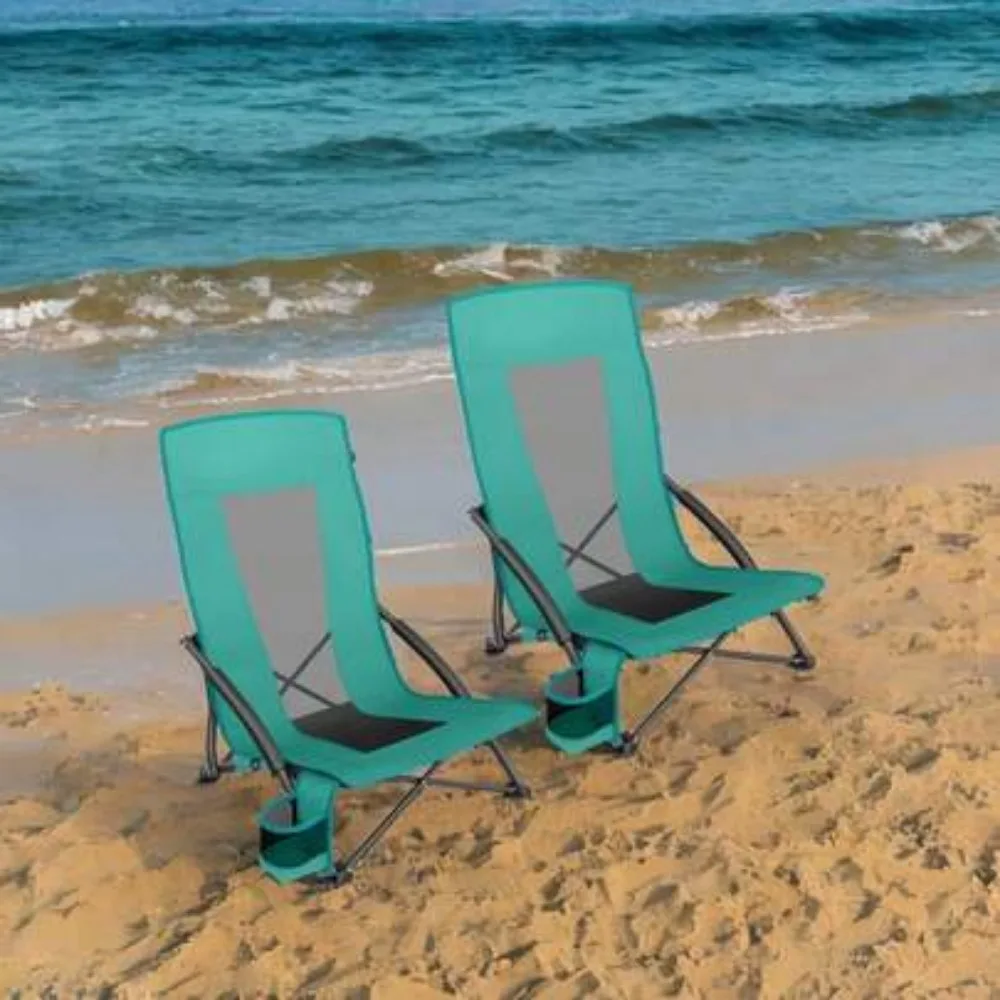Set Of 2 Portable Beach Chairs For Adults Max Load 330 Lb Each High Backrest Cup Holder Lightweight Heavy Duty