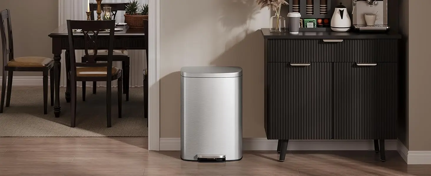 Tacleekii 13 Gal / 50 L Stainless Steel Kitchen Trash Can Rustproof Step-on Garbage Can with Soft Close Lid, Liner Rim, Rear Handle, Metal Garbage Bin