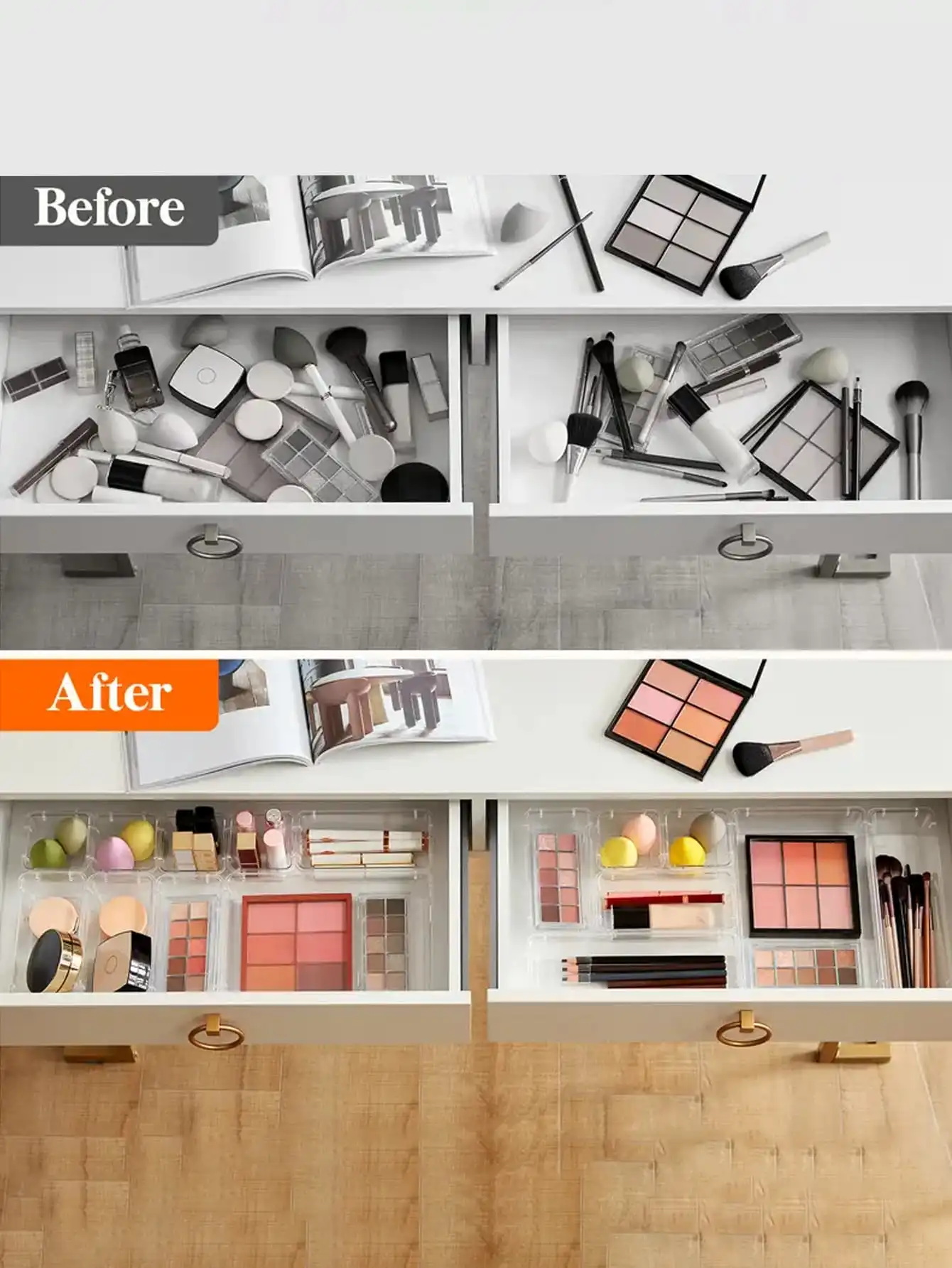 8/25PCS Clear Plastic Drawer Organizers Set, 4-Size Versatile Storage Bins for Makeup, Bathroom, Kitchen & Office, Vanity Drawer Organizer Trays