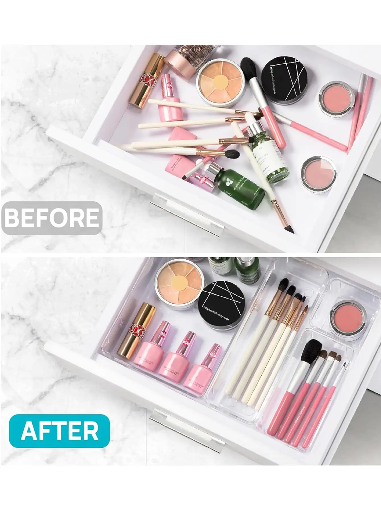 8/25PCS Clear Plastic Drawer Organizers Set, 4-Size Versatile Storage Bins for Makeup, Bathroom, Kitchen & Office, Vanity Drawer Organizer Trays