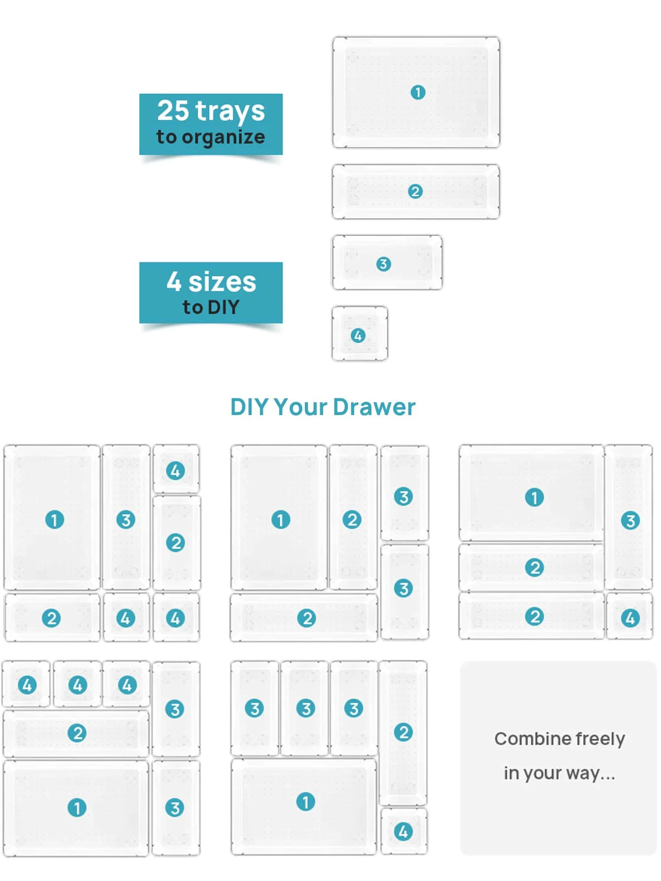 8/25PCS Clear Plastic Drawer Organizers Set, 4-Size Versatile Storage Bins for Makeup, Bathroom, Kitchen & Office, Vanity Drawer Organizer Trays