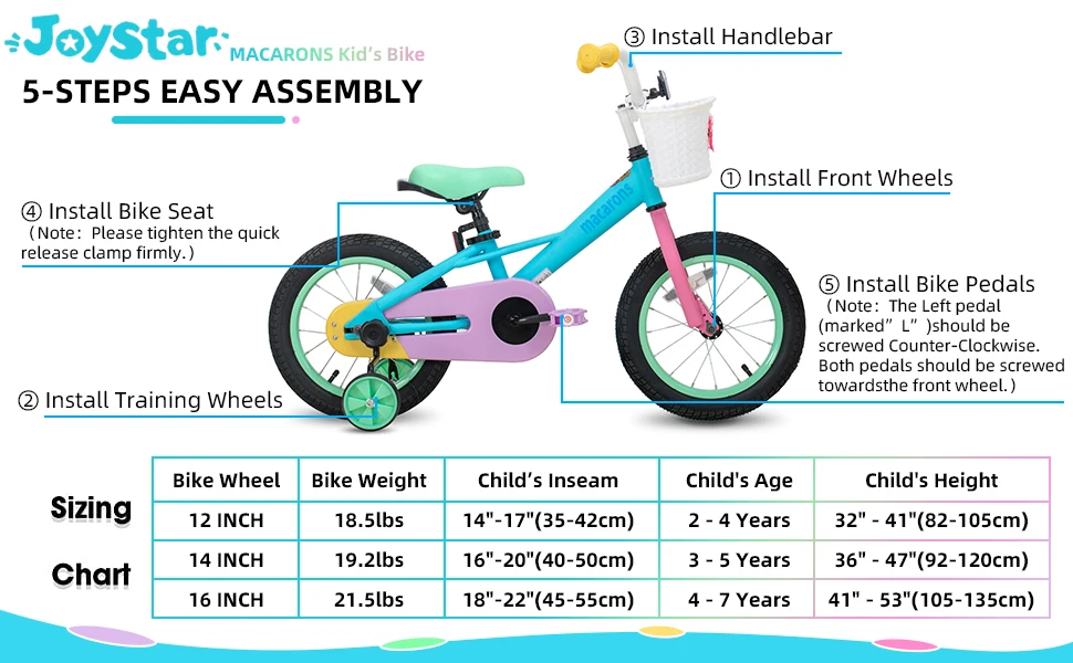JOYSTAR Macaroon 12-18 Inch Kids Bike for 2-9 Years Girls | Toddler Girls Bike with Training Wheels & Basket, Rainbow Bikes, Children Bicycle