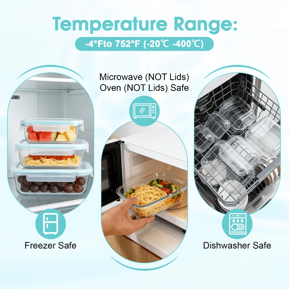 24 Pcs Glass Food Storage Containers Set Modern Clear Borosilicate Glass Meal Prep Containers Airtight Leakproof Teal Locking Lids Microwave Oven Safe Bento Box Bins For Kitchen Pantry Office Picnic Housewarming Gift