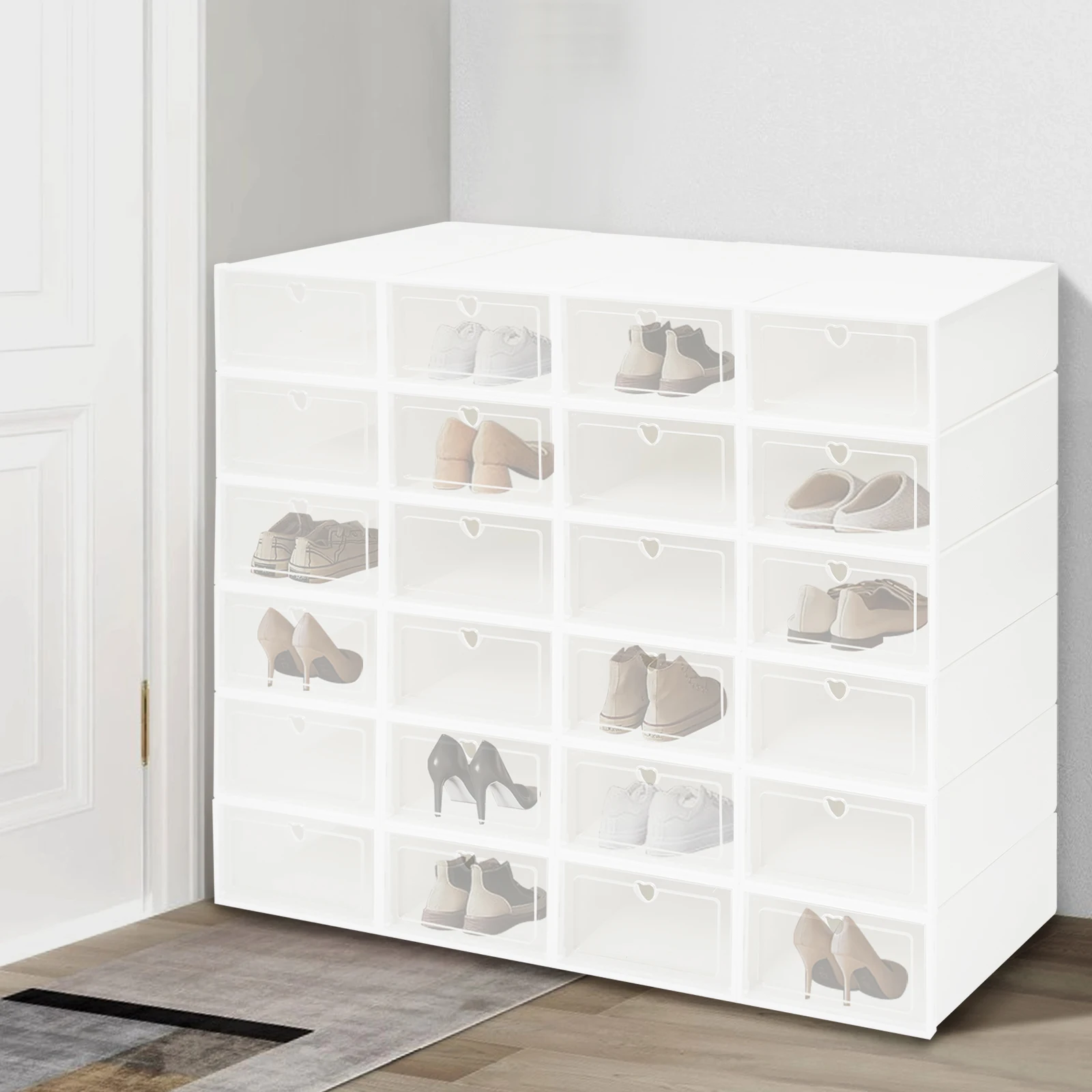 24Pcs Shoe Storage Box 13 Inch Clear Stackable Foldable Organizer Case with Breathable Heart Holes Dustproof Containers for Sneakers Heels Boots Under Bed Closet Bedroom Entrance Hall Living Room Dorm