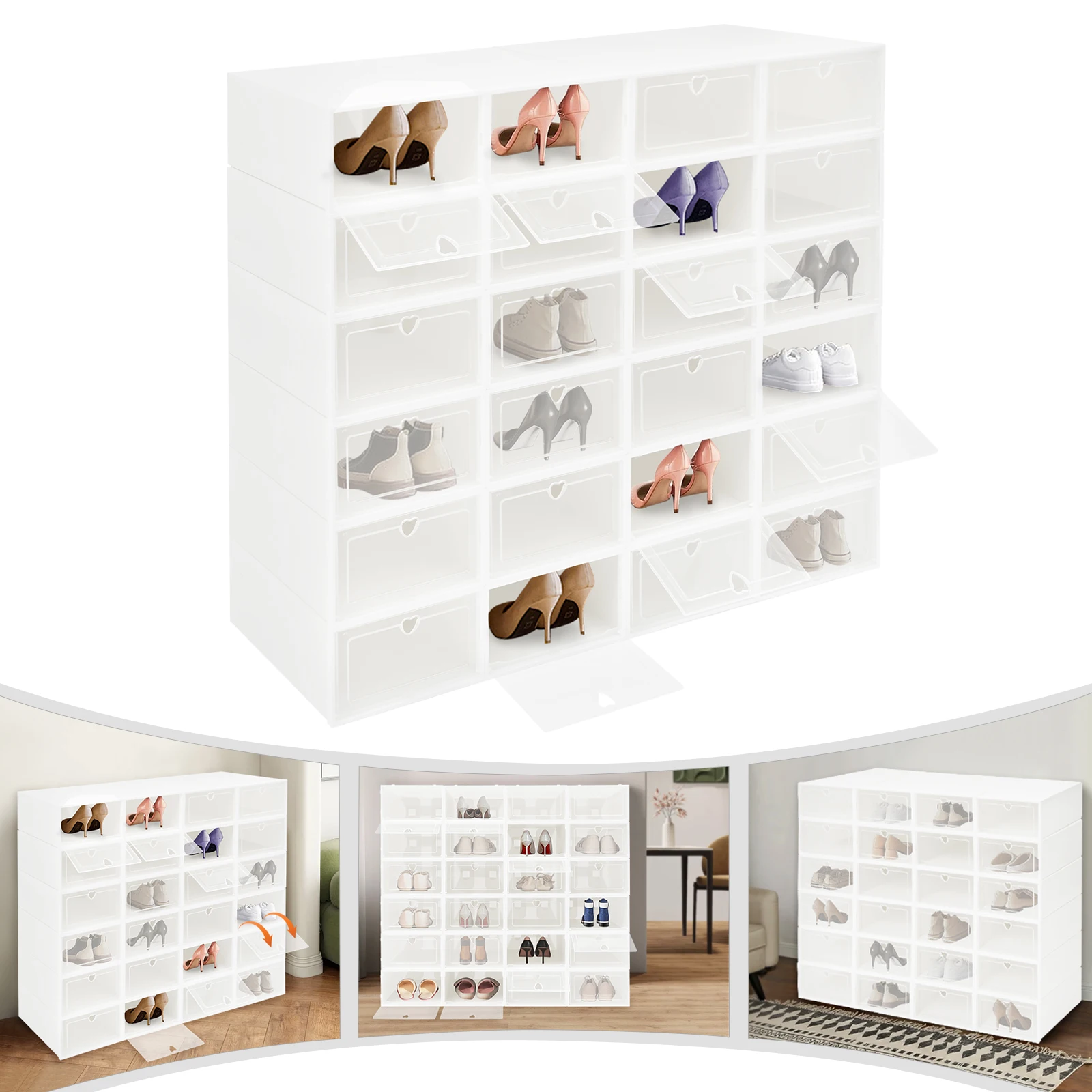 24Pcs Shoe Storage Box 13 Inch Clear Stackable Foldable Organizer Case with Breathable Heart Holes Dustproof Containers for Sneakers Heels Boots Under Bed Closet Bedroom Entrance Hall Living Room Dorm