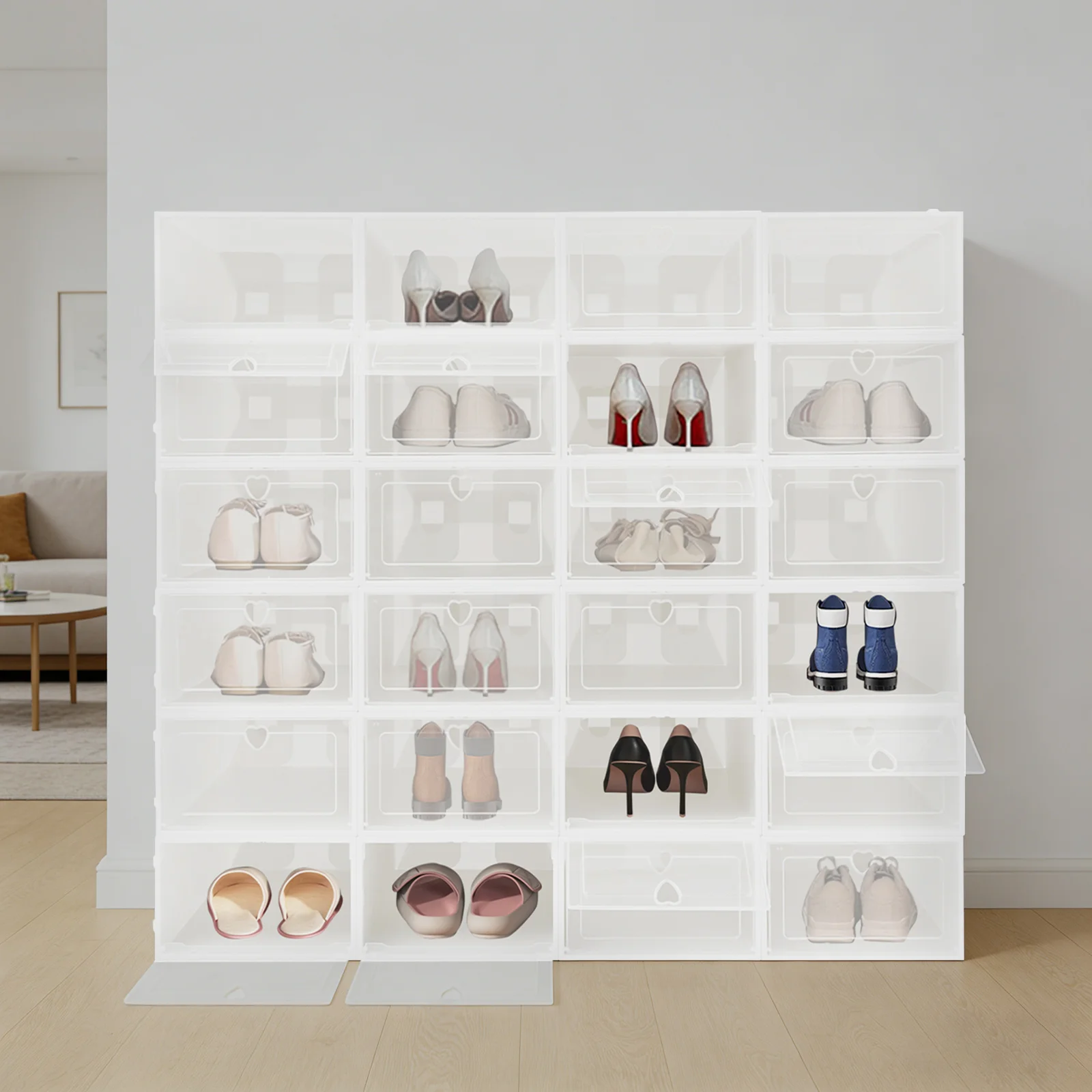 24Pcs Shoe Storage Box 13 Inch Clear Stackable Foldable Organizer Case with Breathable Heart Holes Dustproof Containers for Sneakers Heels Boots Under Bed Closet Bedroom Entrance Hall Living Room Dorm