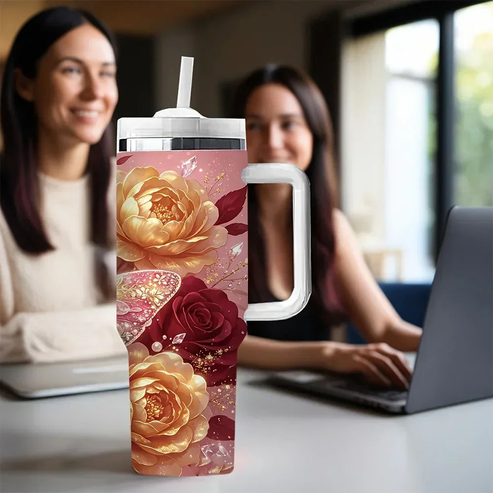 40Oz Long-Lasting Insulated Tumbler with Handle, Elegant Rose Butterfly Print Tumbler, Ideal Holiday Birthday Gift for Women, Suitable for Daily Use And Outdoor Outings