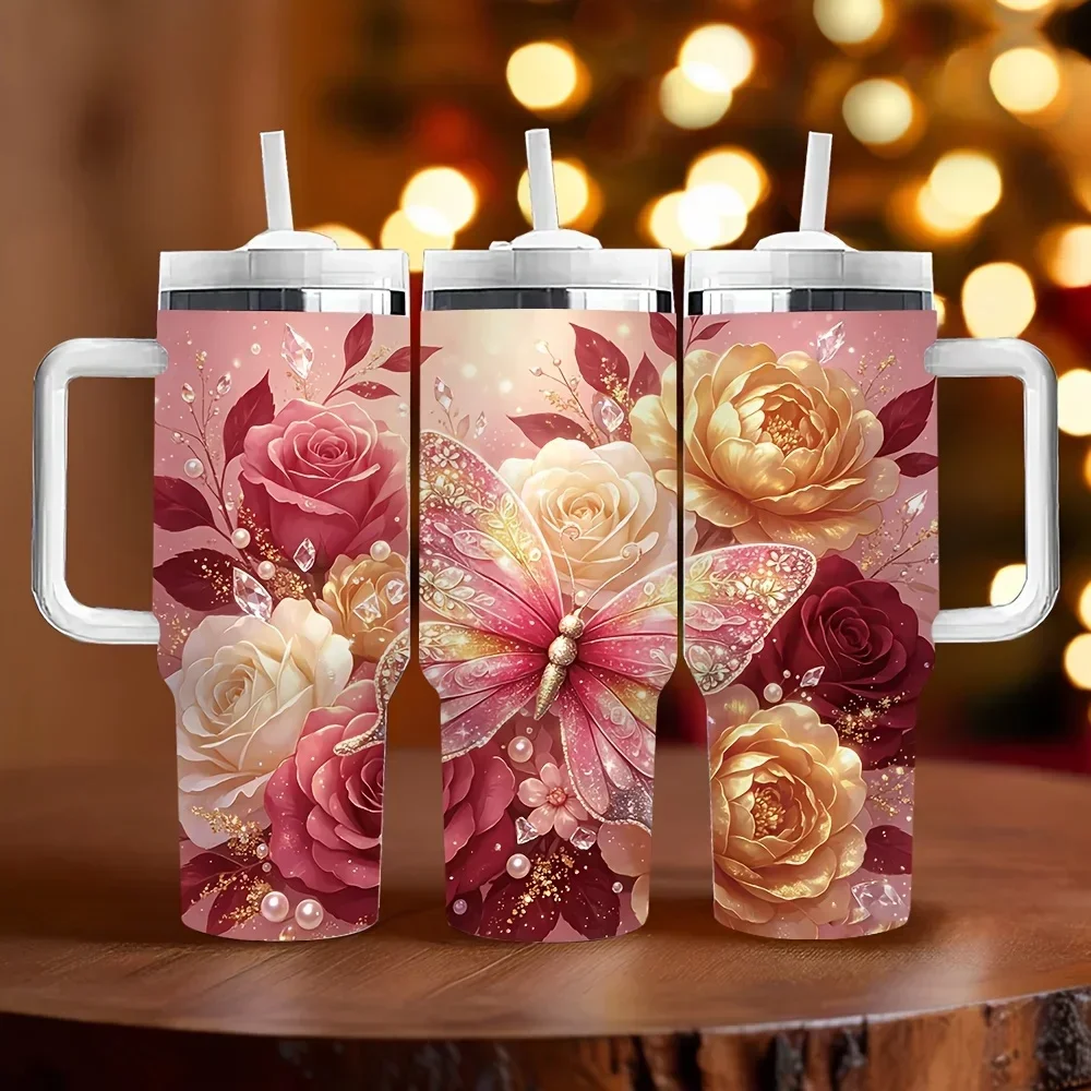 40Oz Long-Lasting Insulated Tumbler with Handle, Elegant Rose Butterfly Print Tumbler, Ideal Holiday Birthday Gift for Women, Suitable for Daily Use And Outdoor Outings