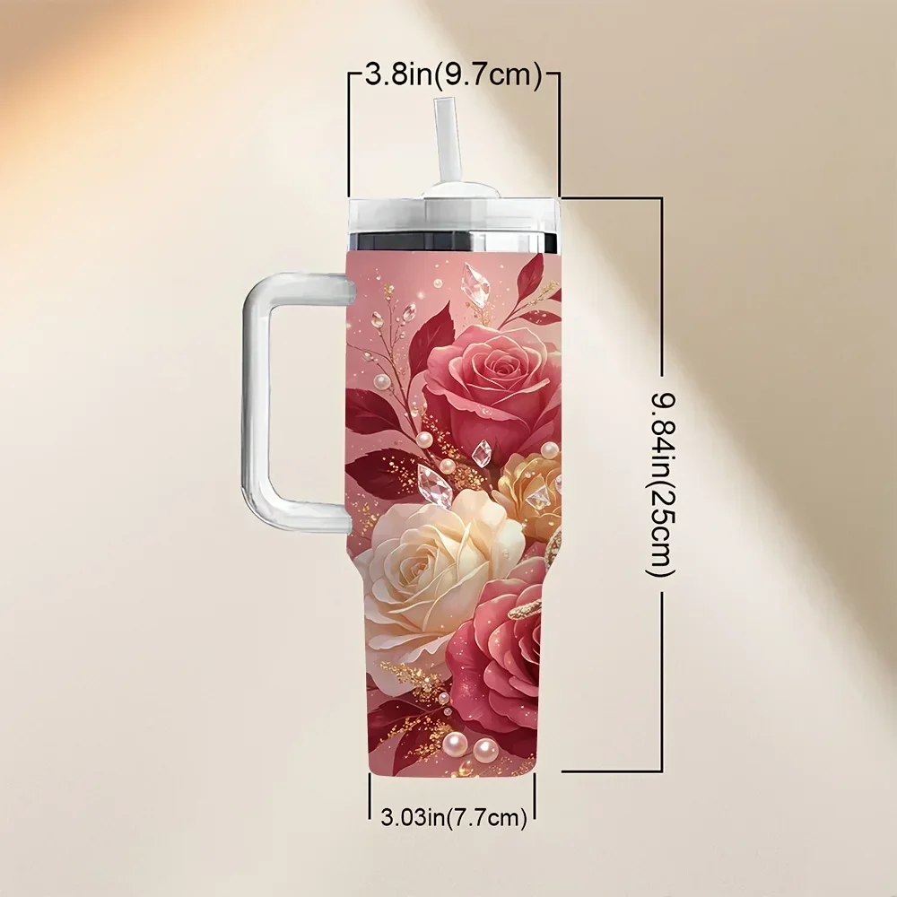 40Oz Long-Lasting Insulated Tumbler with Handle, Elegant Rose Butterfly Print Tumbler, Ideal Holiday Birthday Gift for Women, Suitable for Daily Use And Outdoor Outings