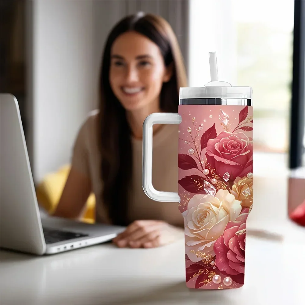 40Oz Long-Lasting Insulated Tumbler with Handle, Elegant Rose Butterfly Print Tumbler, Ideal Holiday Birthday Gift for Women, Suitable for Daily Use And Outdoor Outings