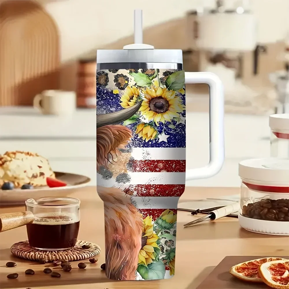 40Oz Tumbler with Handle, Cute Highland Cow Sunflower American Flag Print, Fits for all People, Suitable for Hot And Cold Drinks, Ideal for Daily Use And Outdoor Travel