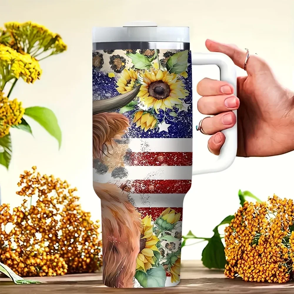 40Oz Tumbler with Handle, Cute Highland Cow Sunflower American Flag Print, Fits for all People, Suitable for Hot And Cold Drinks, Ideal for Daily Use And Outdoor Travel