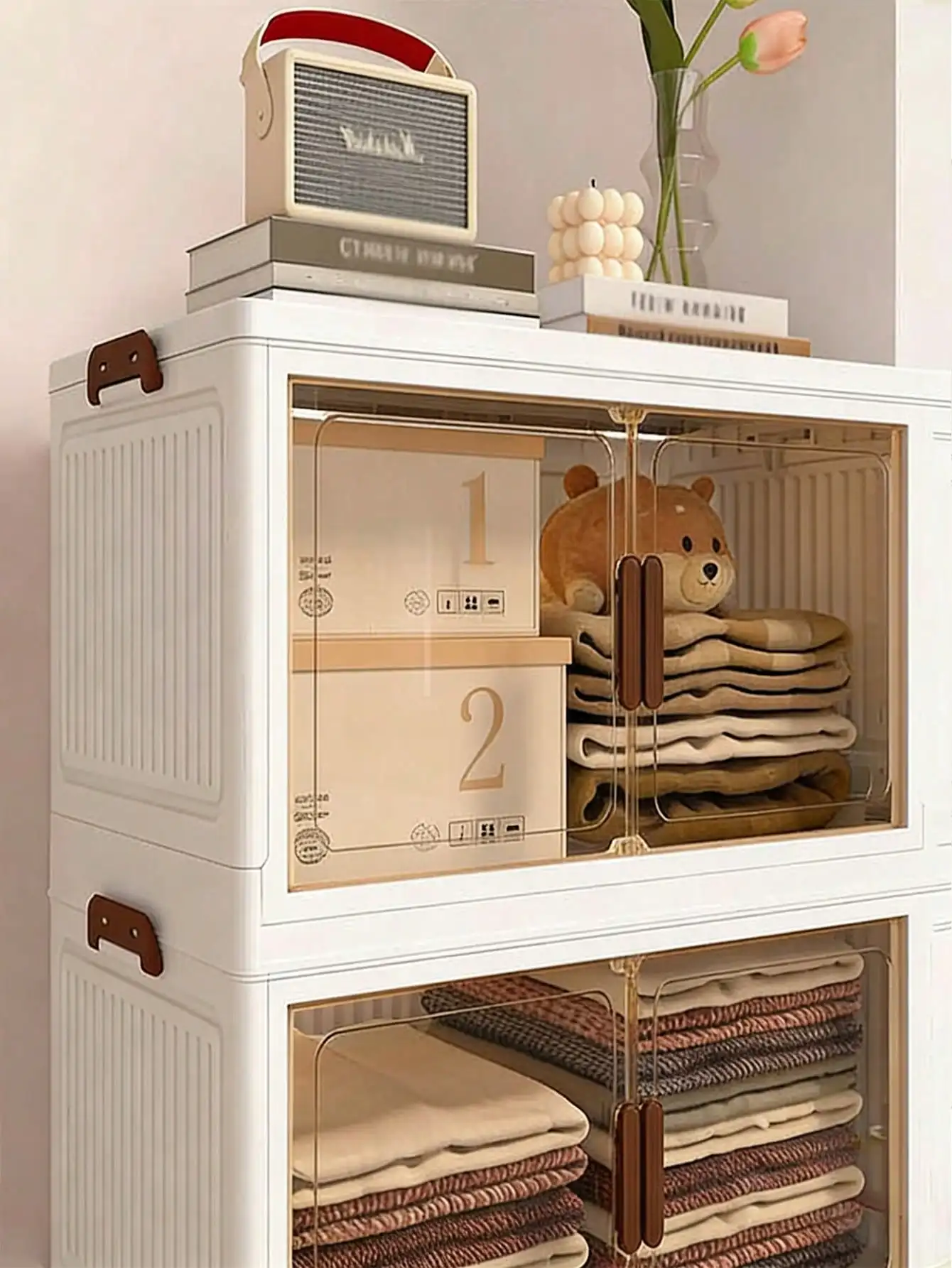5 Tier Foldable Storage Cabinet Modern Cream White Plastic Stackable Storage Bins Organizer Unit With Clear Magnetic Doors Wheels For Clothes Bags Books Bedroom Closet Living Room Housewarming Gift