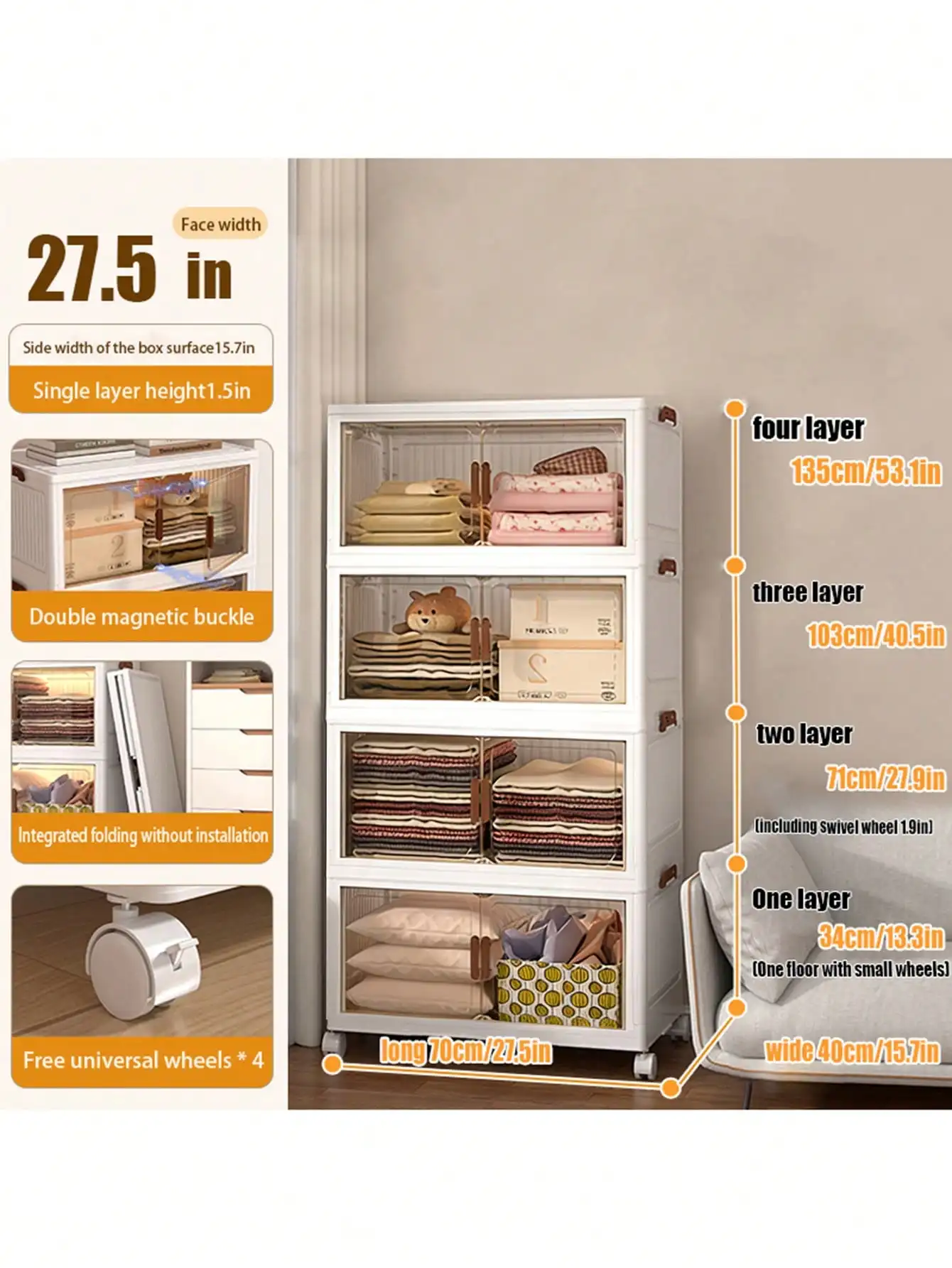 5 Tier Foldable Storage Cabinet Modern Cream White Plastic Stackable Storage Bins Organizer Unit With Clear Magnetic Doors Wheels For Clothes Bags Books Bedroom Closet Living Room Housewarming Gift