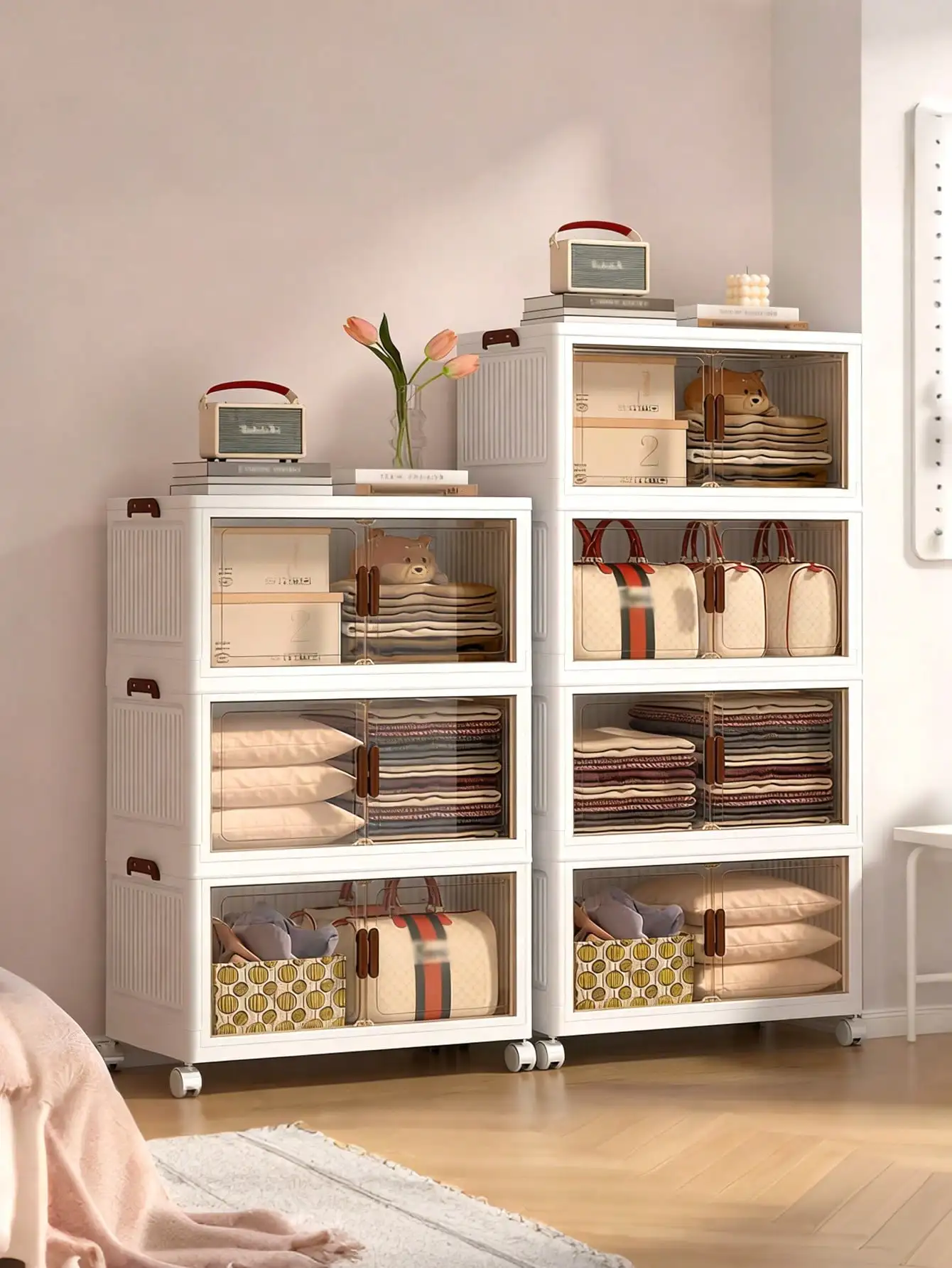 5 Tier Foldable Storage Cabinet Modern Cream White Plastic Stackable Storage Bins Organizer Unit With Clear Magnetic Doors Wheels For Clothes Bags Books Bedroom Closet Living Room Housewarming Gift