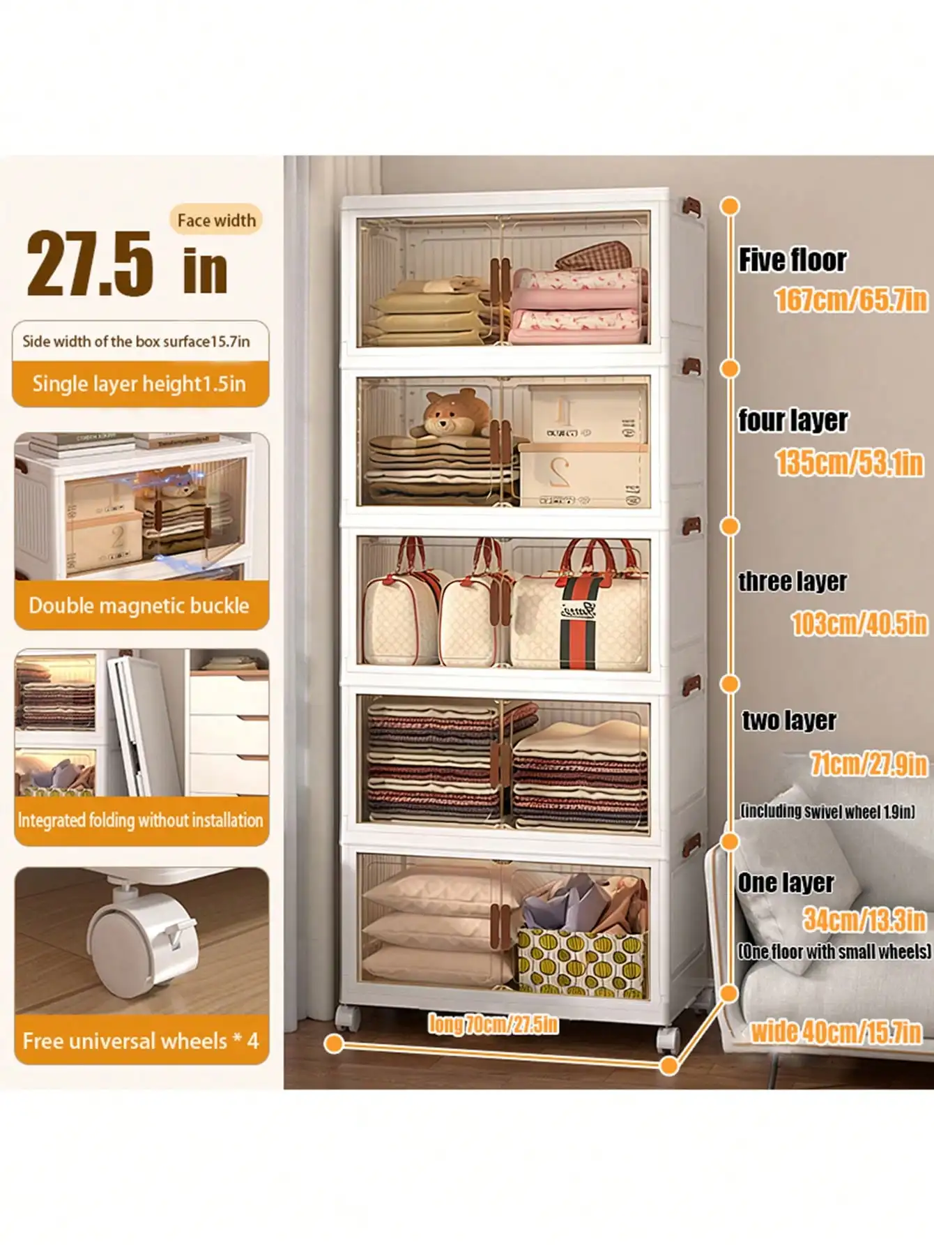 5 Tier Foldable Storage Cabinet Modern Cream White Plastic Stackable Storage Bins Organizer Unit With Clear Magnetic Doors Wheels For Clothes Bags Books Bedroom Closet Living Room Housewarming Gift