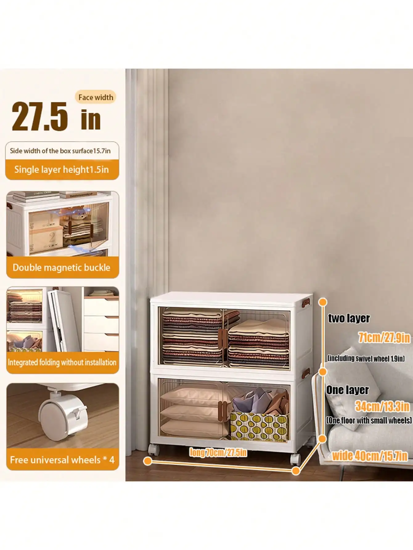 5 Tier Foldable Storage Cabinet Modern Cream White Plastic Stackable Storage Bins Organizer Unit With Clear Magnetic Doors Wheels For Clothes Bags Books Bedroom Closet Living Room Housewarming Gift