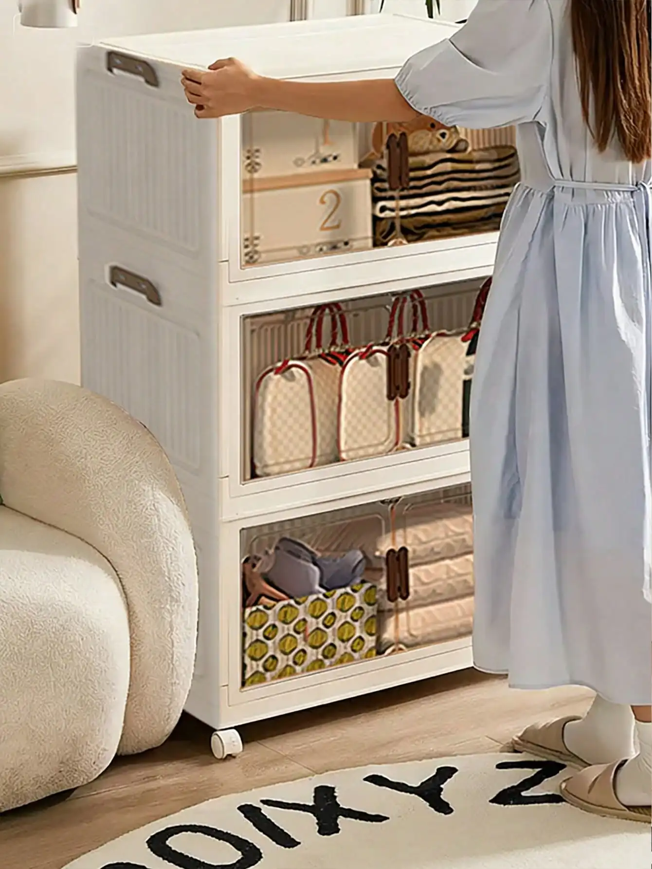5 Tier Foldable Storage Cabinet Modern Cream White Plastic Stackable Storage Bins Organizer Unit With Clear Magnetic Doors Wheels For Clothes Bags Books Bedroom Closet Living Room Housewarming Gift