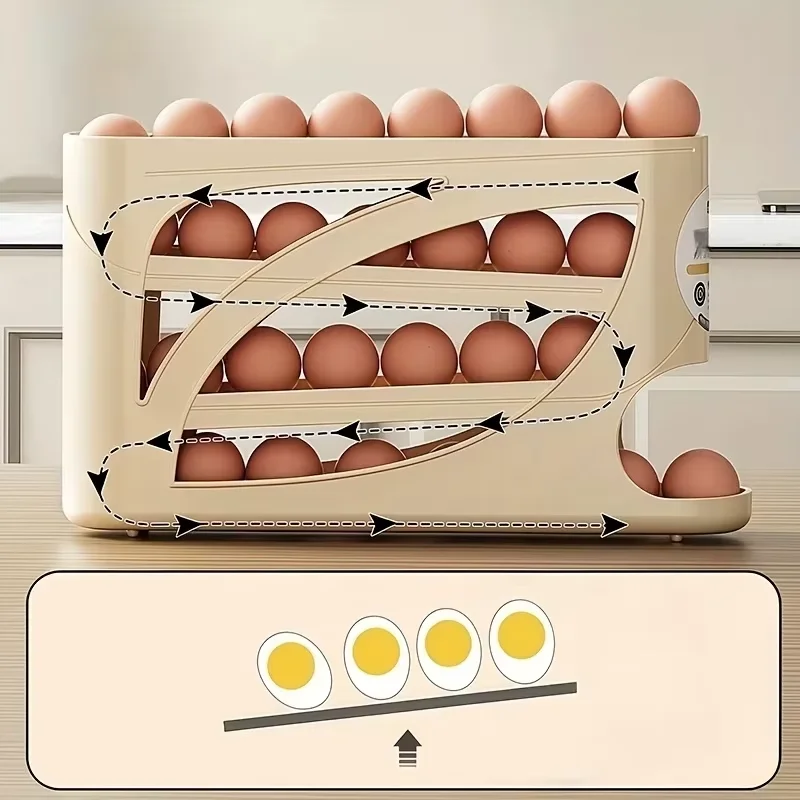 4-Tier Rolling Egg Storage Container for Refrigerator Holds 30 Eggs Organizer Rack Large Capacity Kitchen & Fridge Storage Box