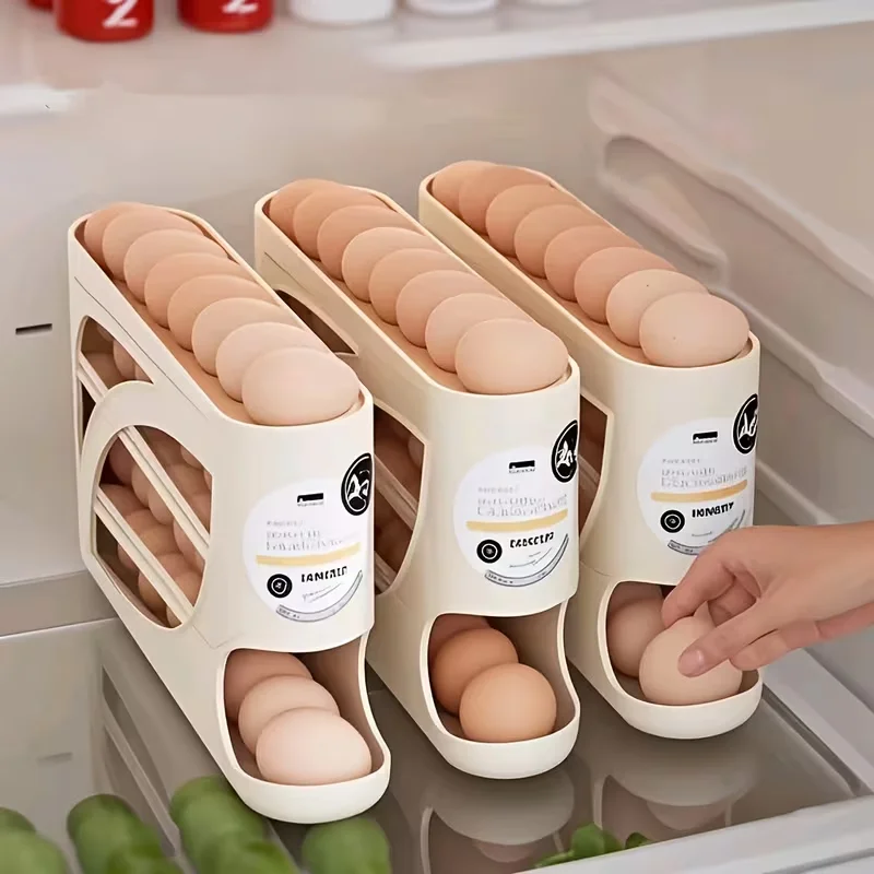 4-Tier Rolling Egg Storage Container for Refrigerator Holds 30 Eggs Organizer Rack Large Capacity Kitchen & Fridge Storage Box