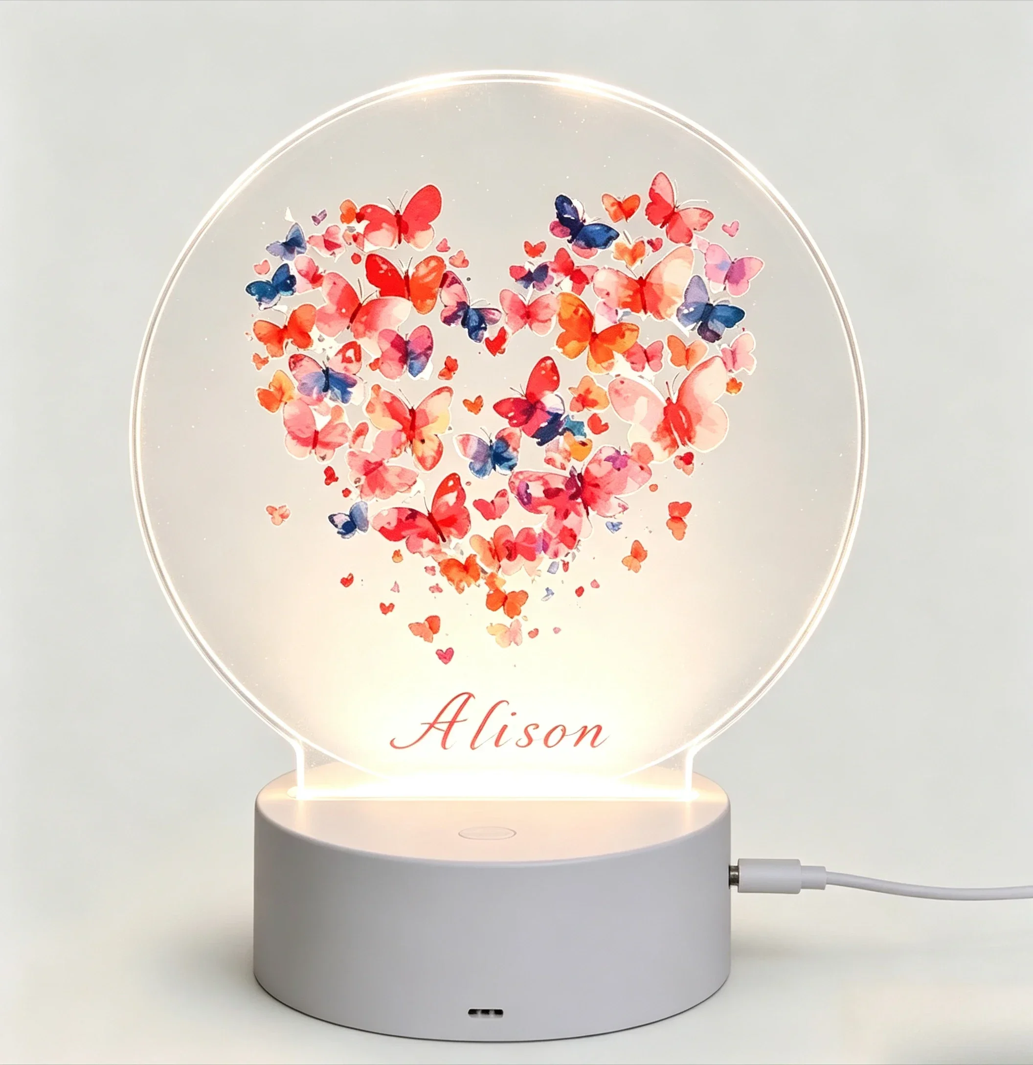Custom Name LED Acrylic Night Light, Watercolor Butterfly Heart Pattern USB Touch Lamp For Bedroom Romantic Gift