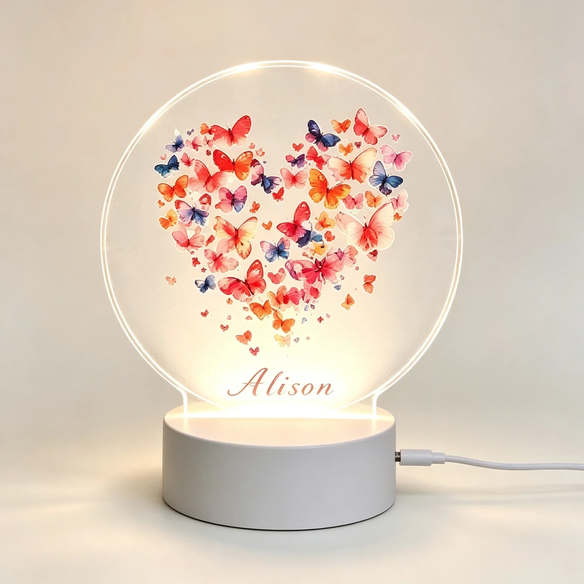 Custom Name LED Acrylic Night Light, Watercolor Butterfly Heart Pattern USB Touch Lamp For Bedroom Romantic Gift