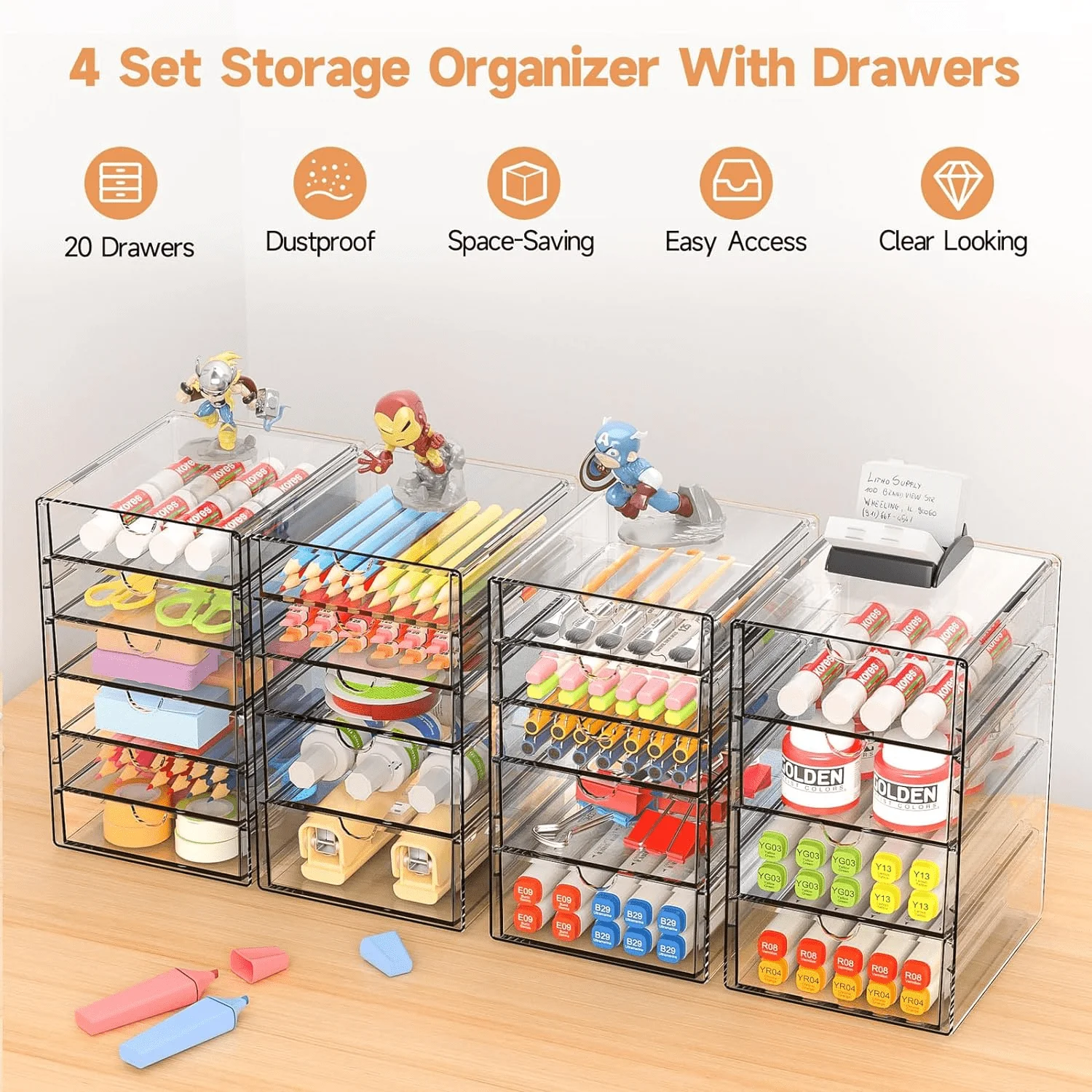 16 Drawers Acrylic Makeup Organizer, 4 Set Clear Desk Storage Drawers, Dustproof Desktop Organizer for Office Supplies, Jewelry, Pens & Cosmetics, Countertop