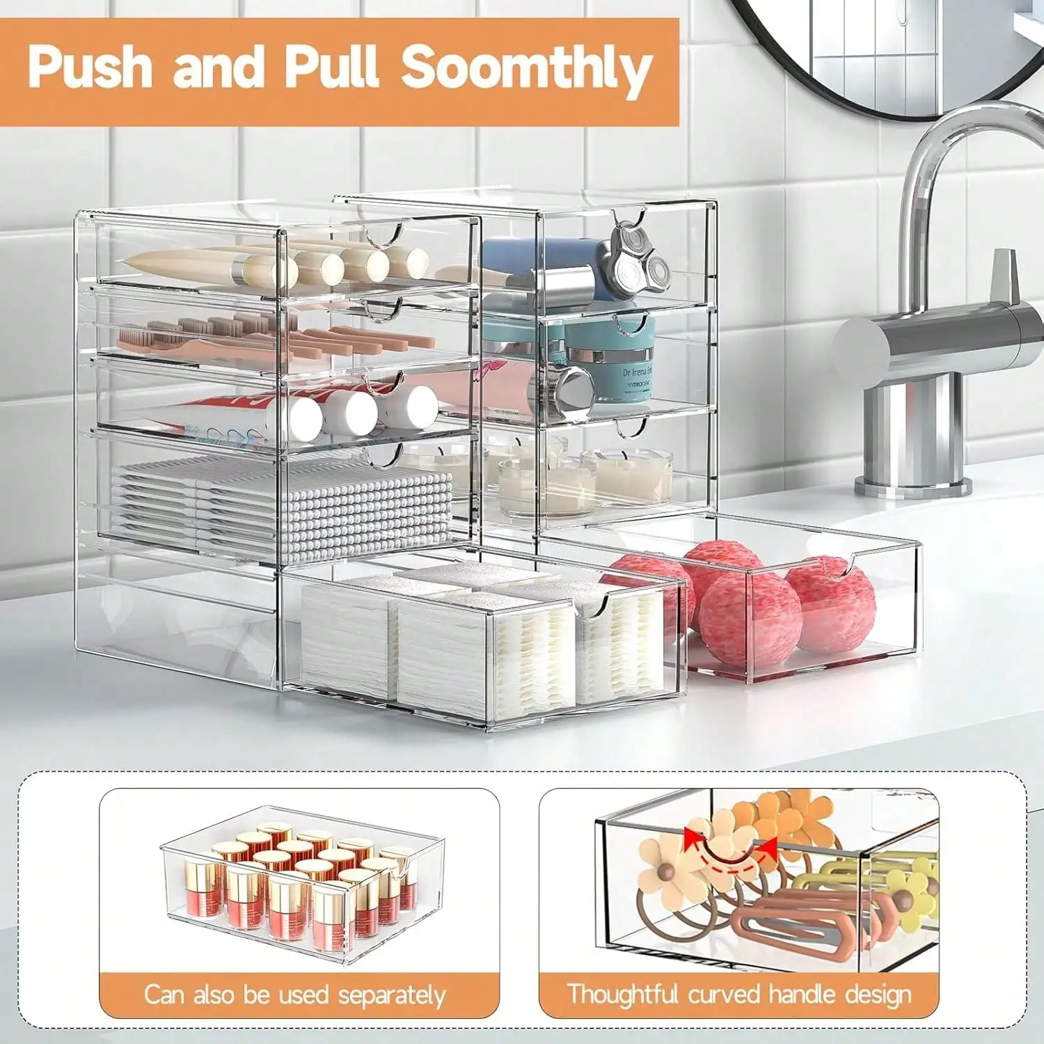16 Drawers Acrylic Makeup Organizer, 4 Set Clear Desk Storage Drawers, Dustproof Desktop Organizer for Office Supplies, Jewelry, Pens & Cosmetics, Countertop